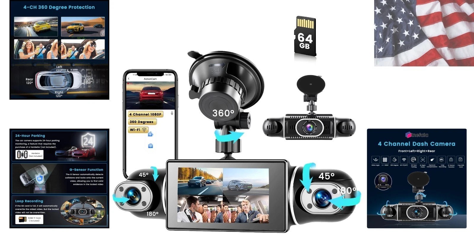 360° Dash Cam Front/Rear/Inside/Side 4-Channel Dash Camera FHD 1080P×4 Car Da…