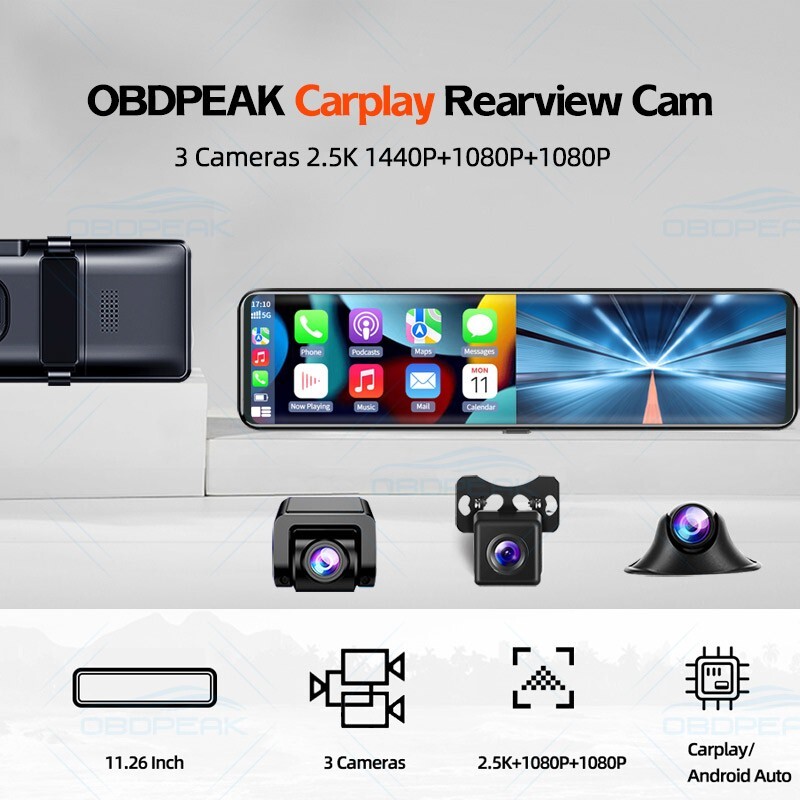 3-Camera Dash Cam CarPlay & Android Auto 2.5K 2560*1440P Rearview Mirror Video