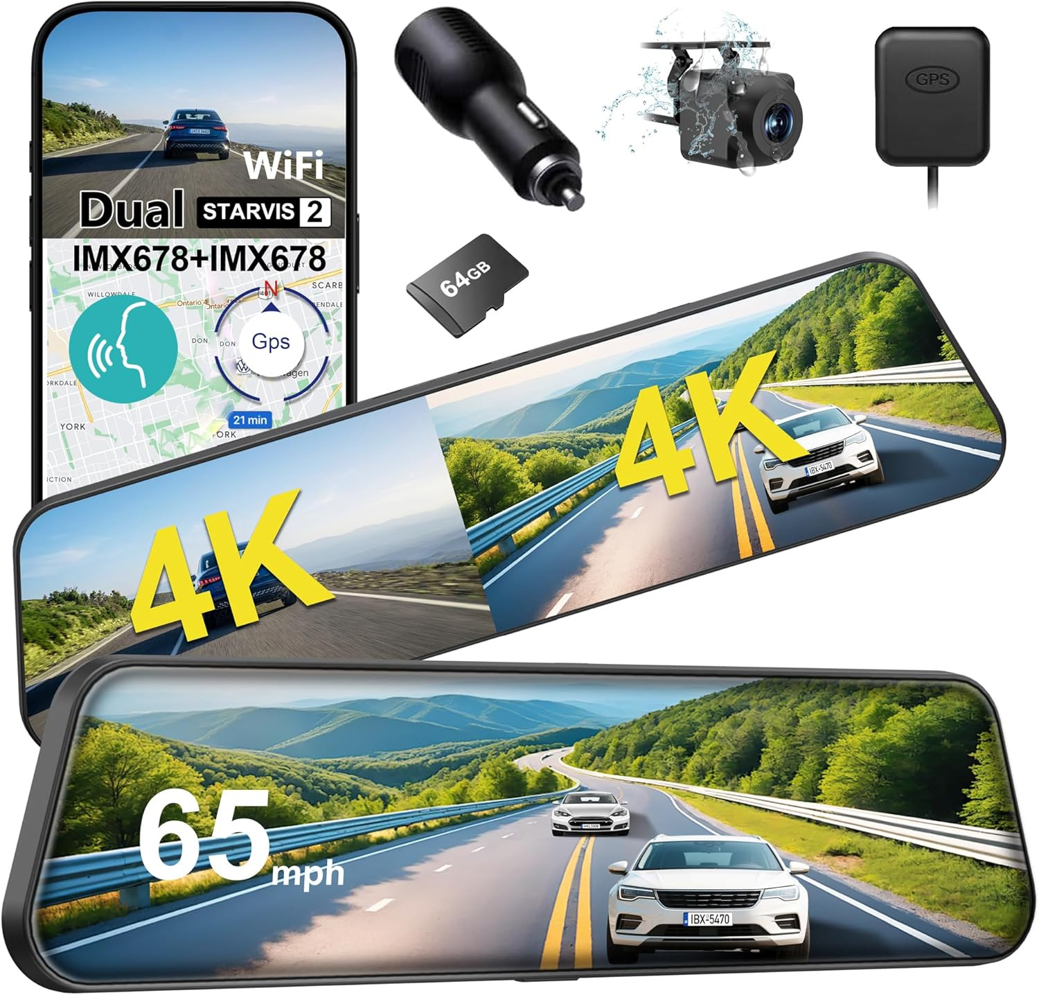 Dual Sony STARVIS 2 IMX678 Sensors 4K+4K Mirror Dash Cam Front and Rear, 12″ Sma
