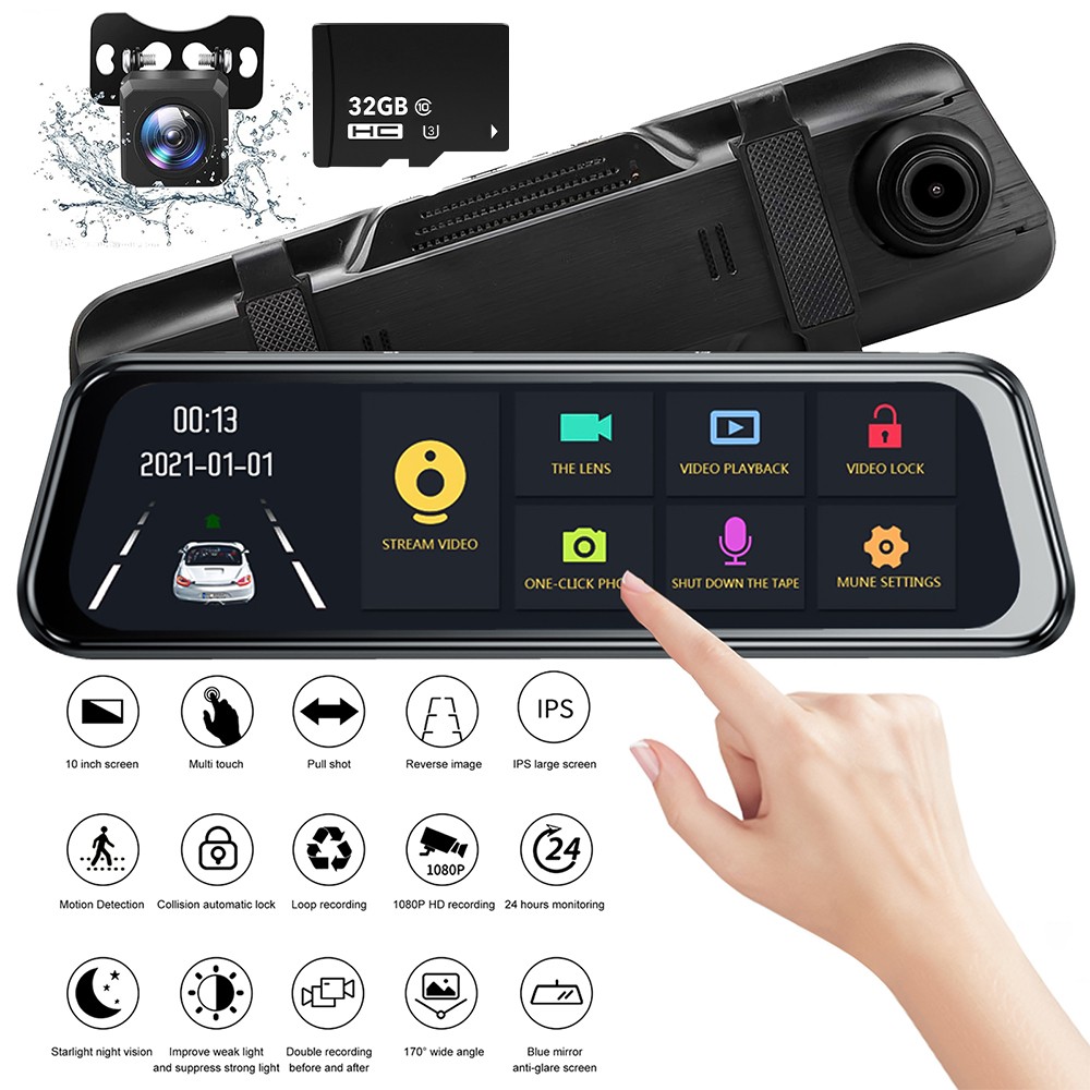 10″ Mirror Dash Cam 4K Rear View Mirror Dash Camera Front and Rear Night Vision