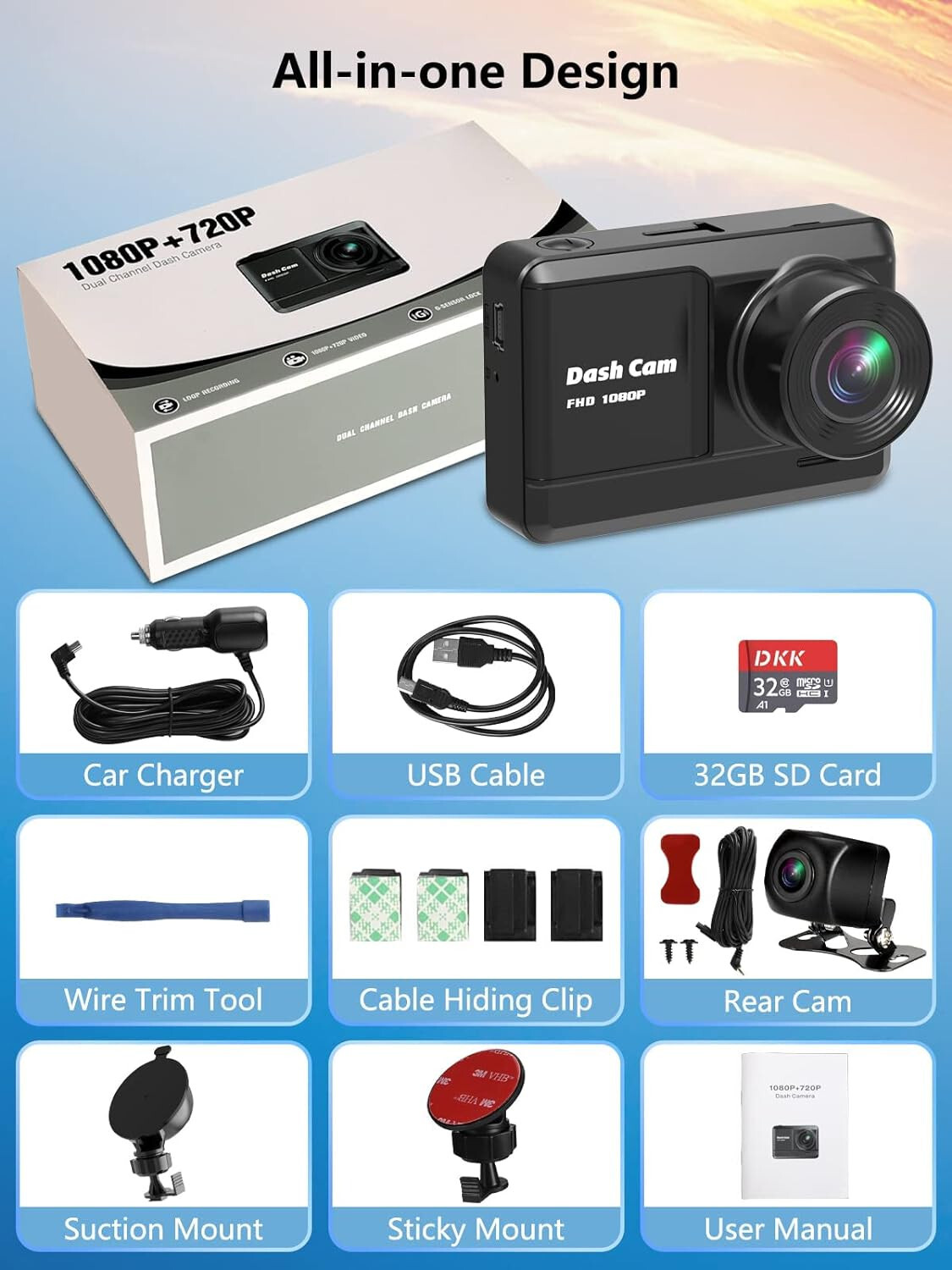 Dash Cam Front and Rear, Mini Dash Cam 1080P Full HD with 32GB SD Card