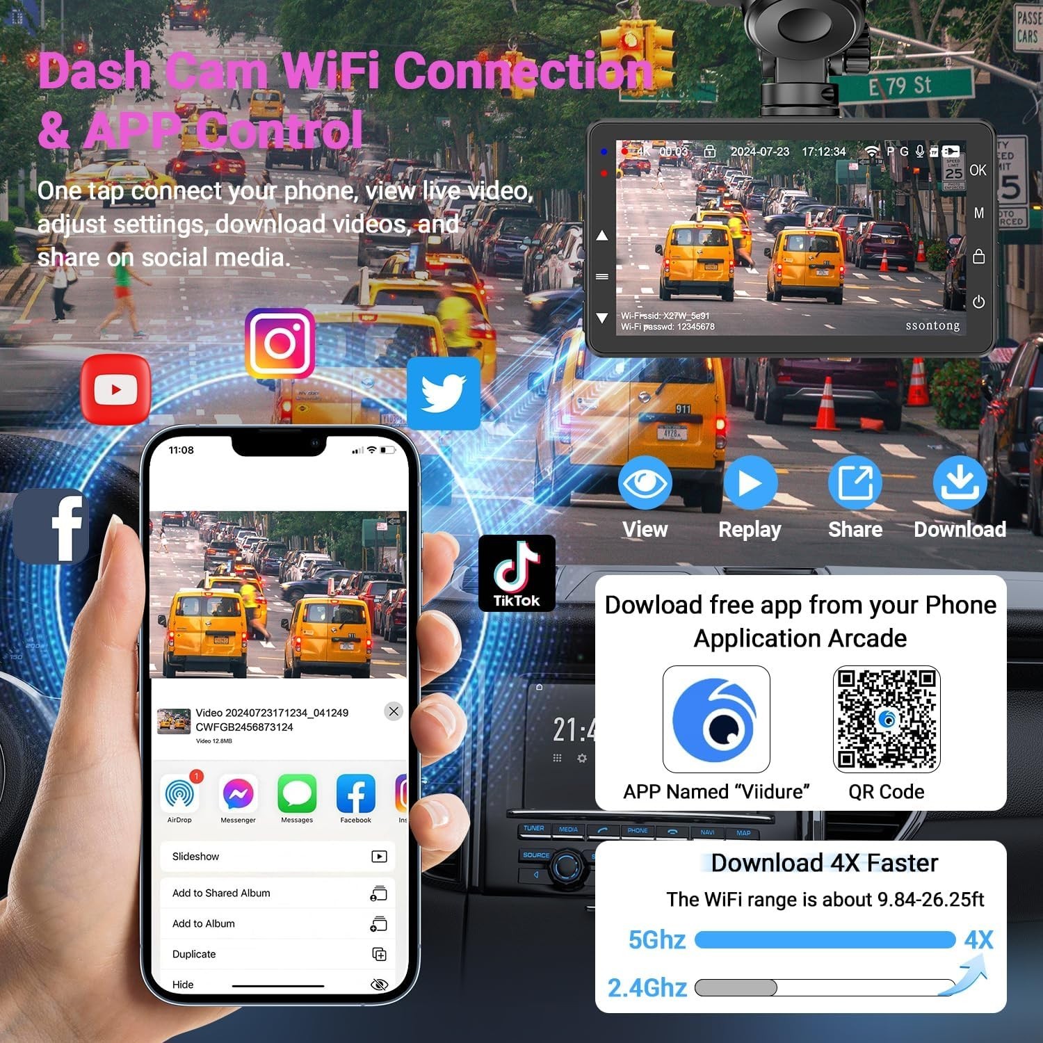 Dash Cam Front and Rear, Dash Cam 4K WiFi/APP Control Dashcam W/ 64GB Card Da…