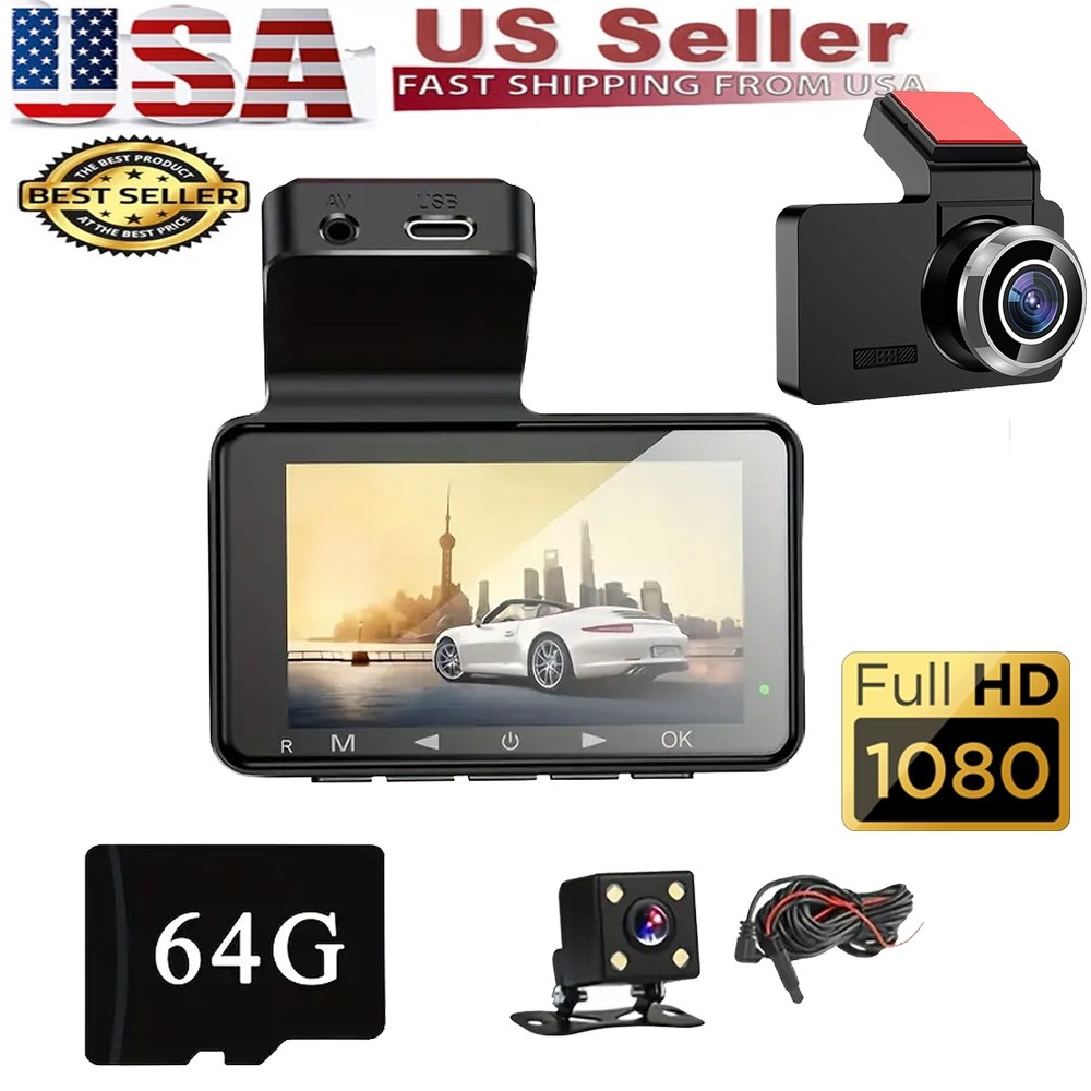 Dual Car Video Dash Cam FULL HD Rearview Cam Camera Front Rear Recorder + 64GB