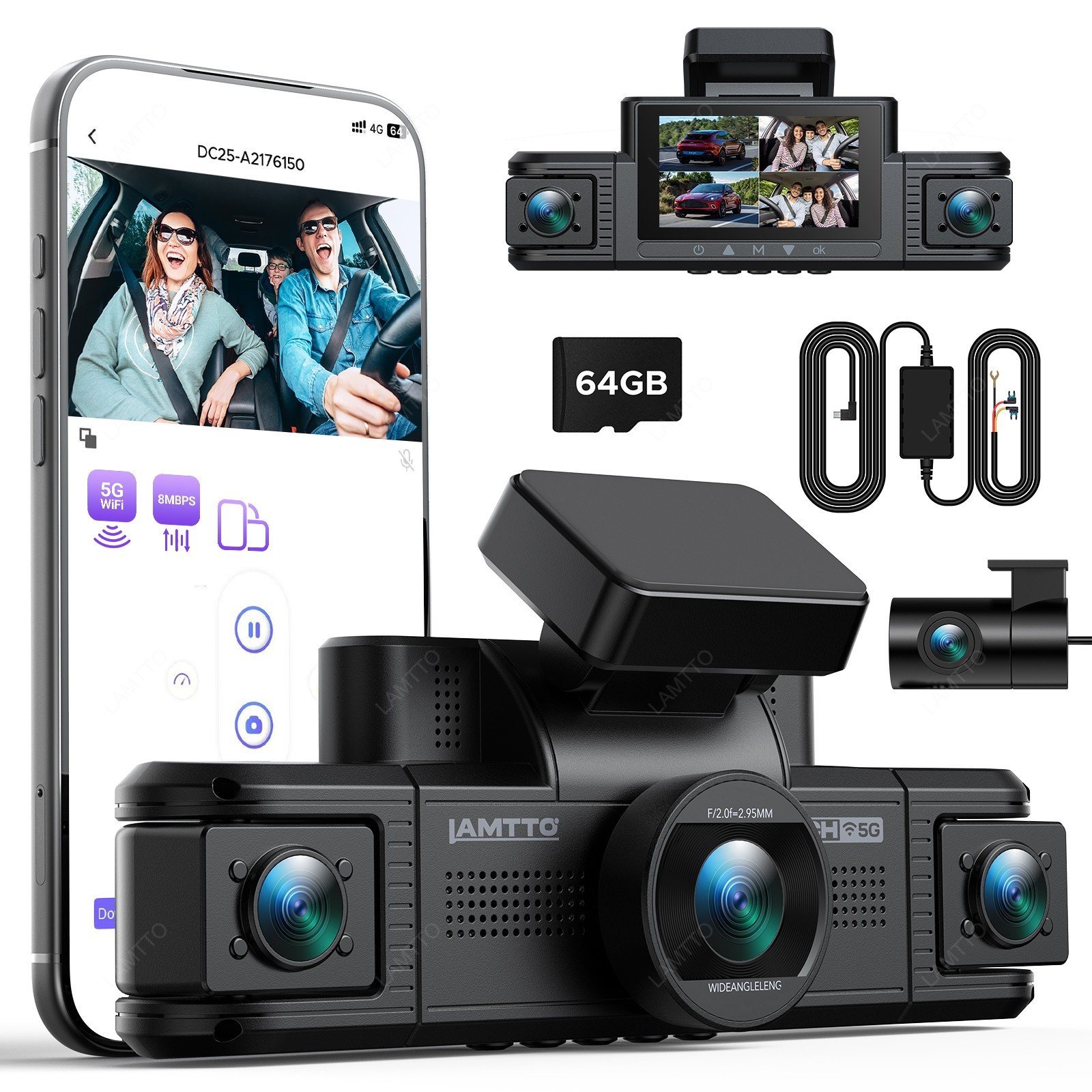 LAMTTO 4 Channel Dash Cam 360° View 2K +1080P Dash Camera 5G WiFi & APP Control