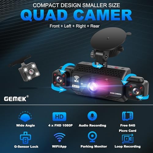 4 Channel Dash Cam 360° View 5G WiFi & APP Control, 2K Front and 3.0 inches