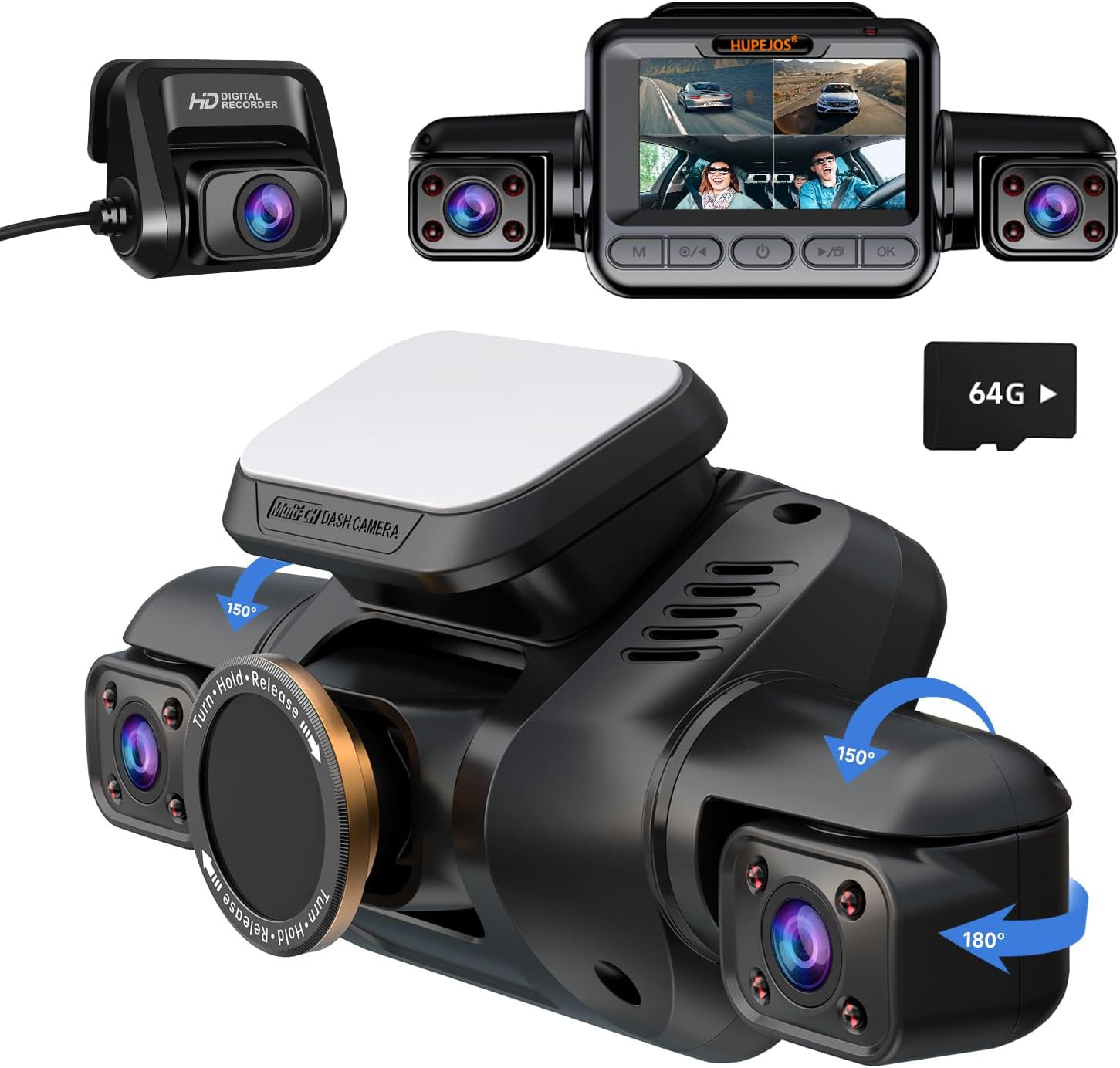 Dash Cam 4 Channel Front and Rear Inside 360° Car Camera 4K UHD Dash Camera for