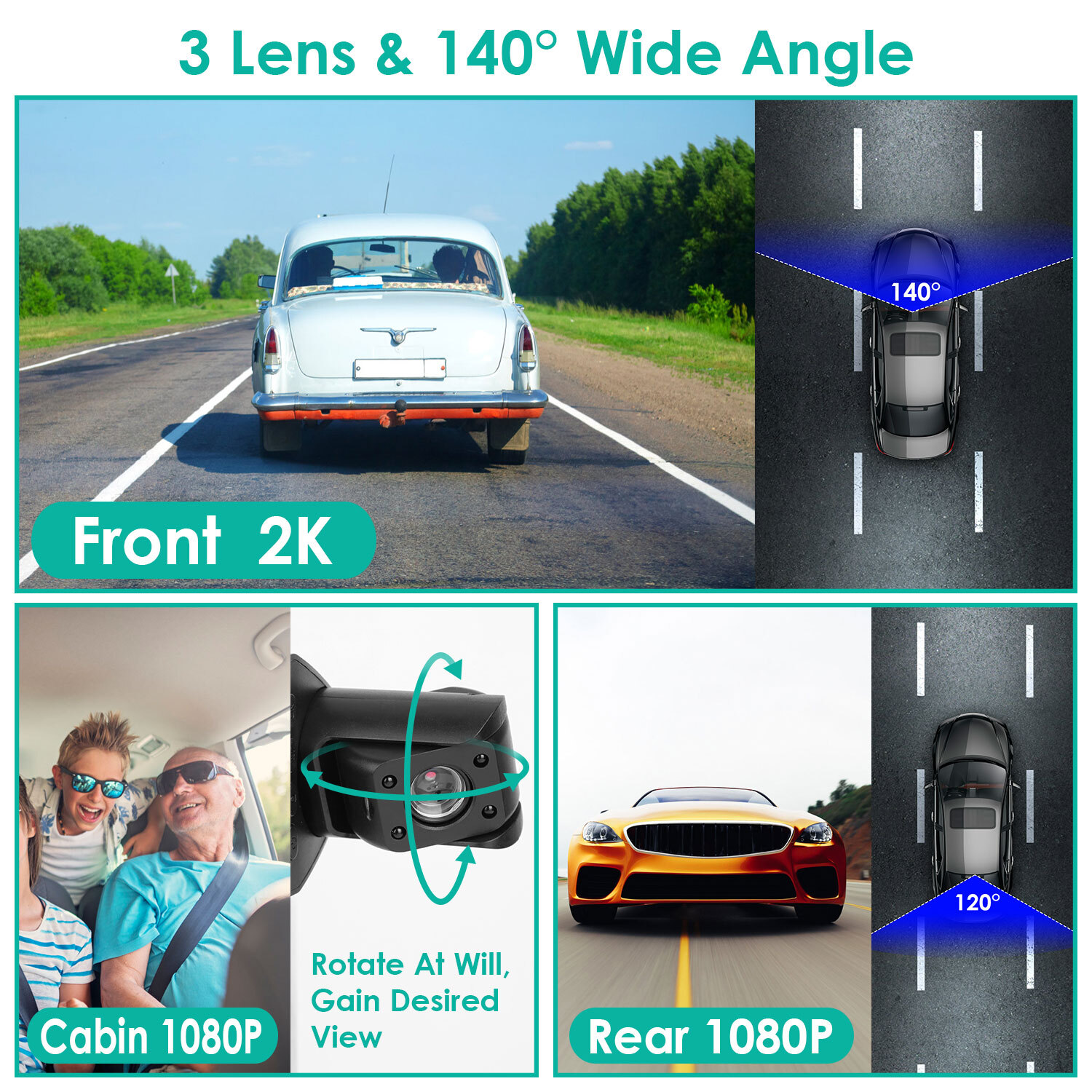 2K Car DVR 3 Channel Dash Cam Camera Recorder w/ GPS WiFi Night Vision G-sensor