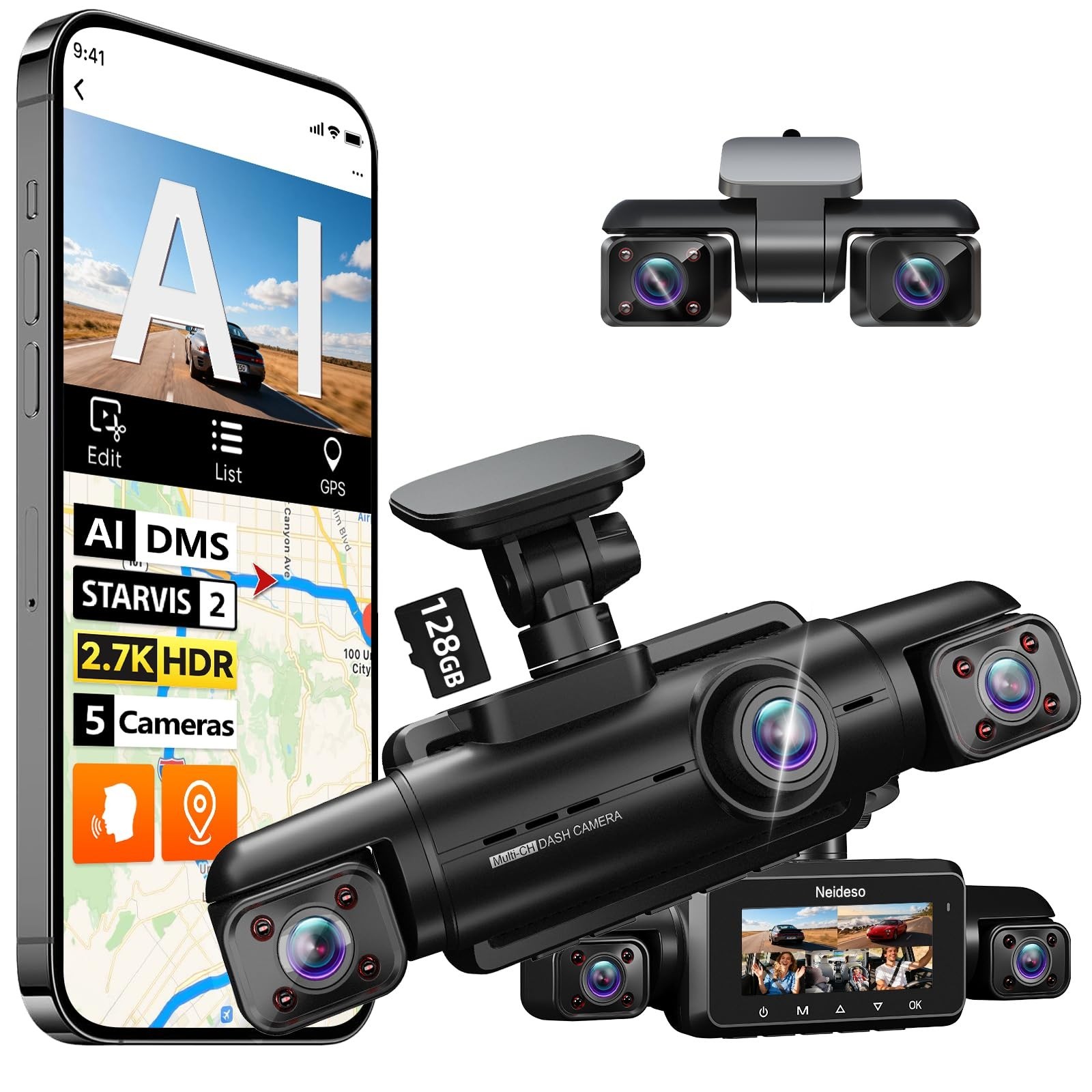 New 丨 5-Channel 360 Dash Cam Front Rear Interior WiFi GPS 128GB Card