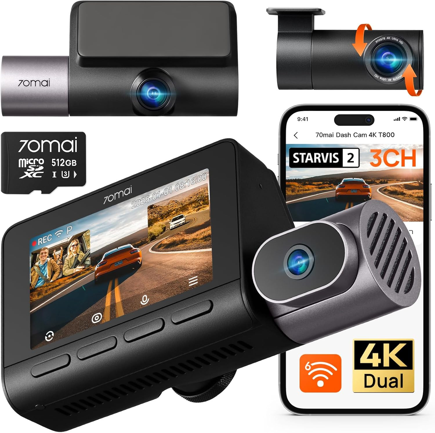 4K T800 3 Channel Dash Cam, Dash Cam Front and Rear Inside(2160P+2160P+1080P), S