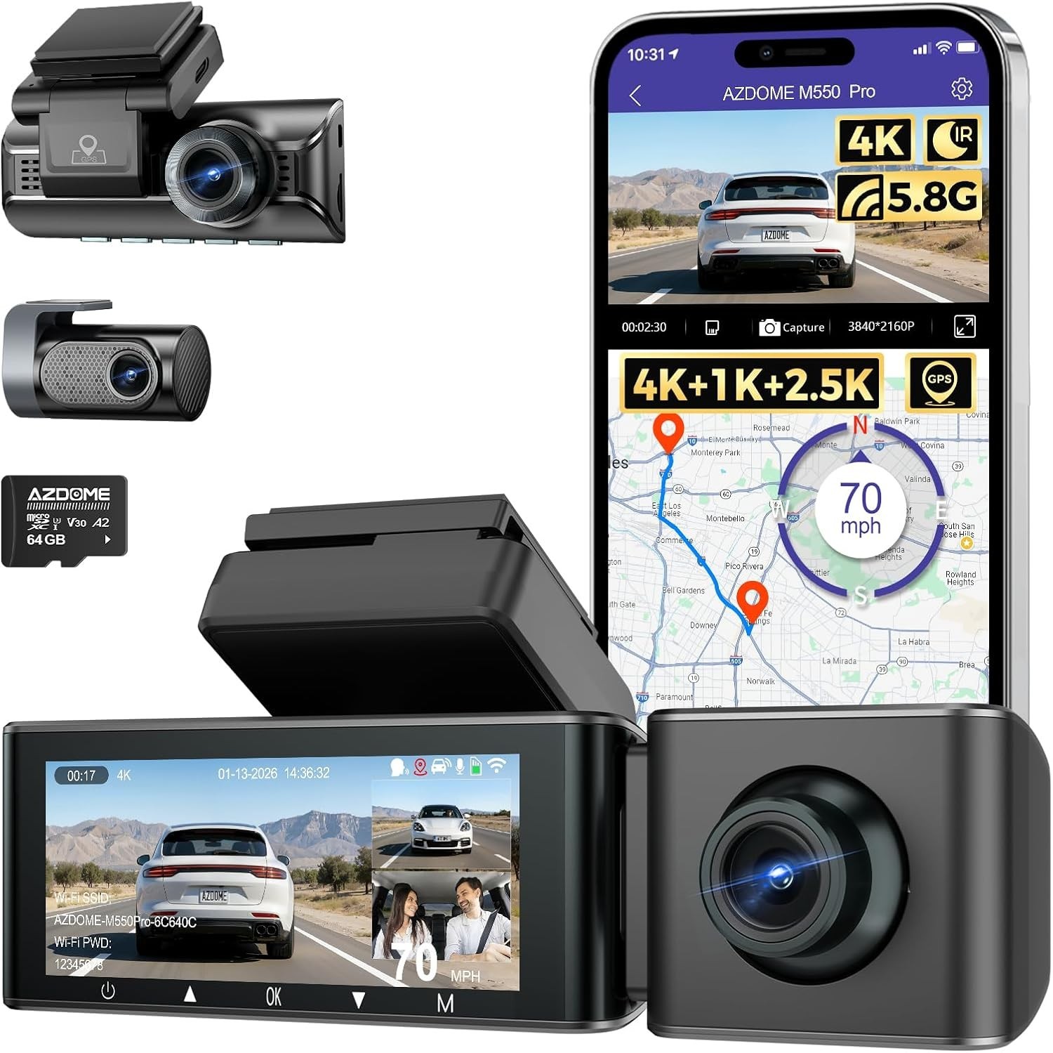 3 Channel Dash Cam – 4K Front & 2.5K Rear with Night Vision Technology