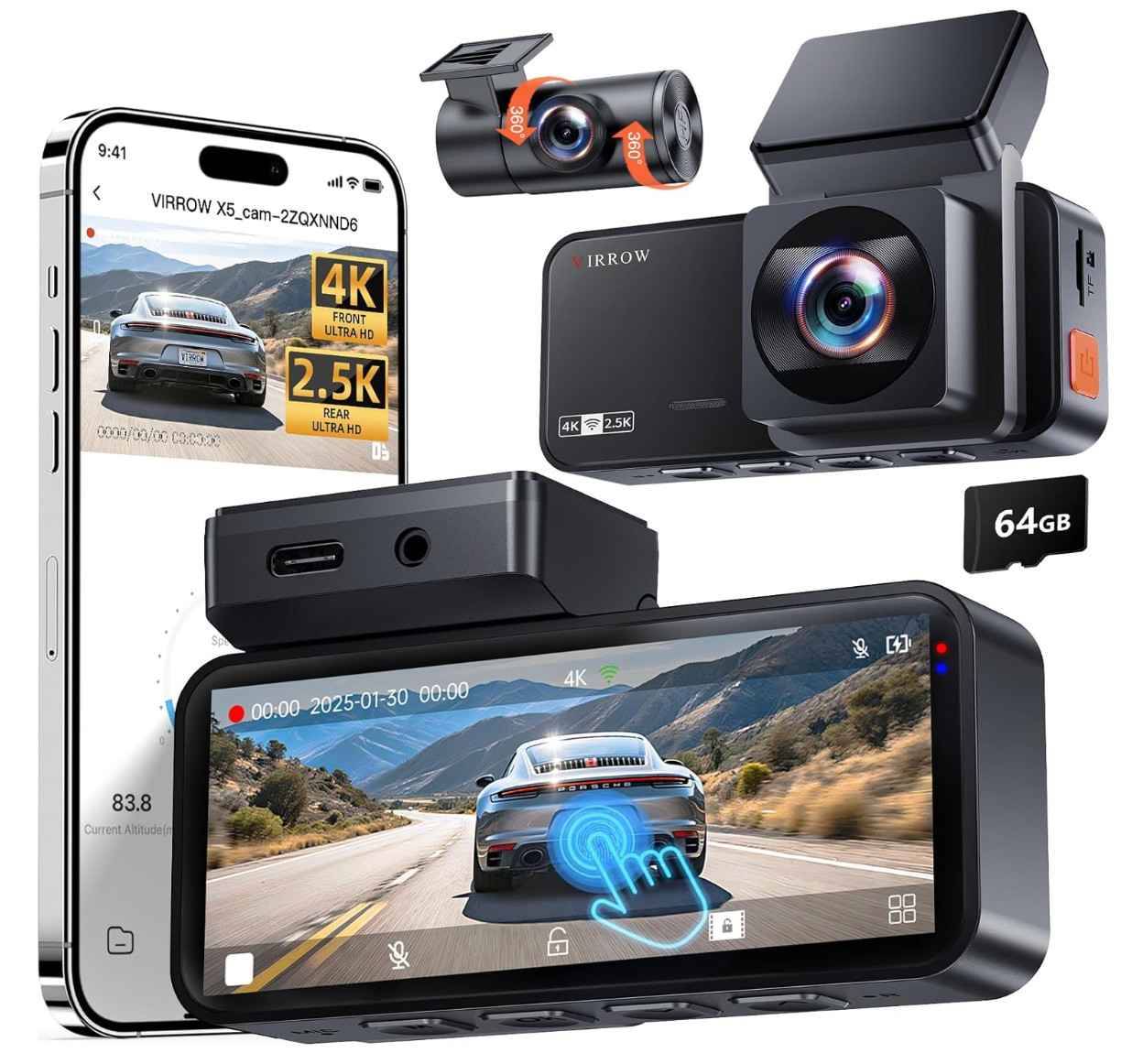 Dash Cam Front and Rear: 4K+2.5K Dash Camera for Cars with Touch Screen