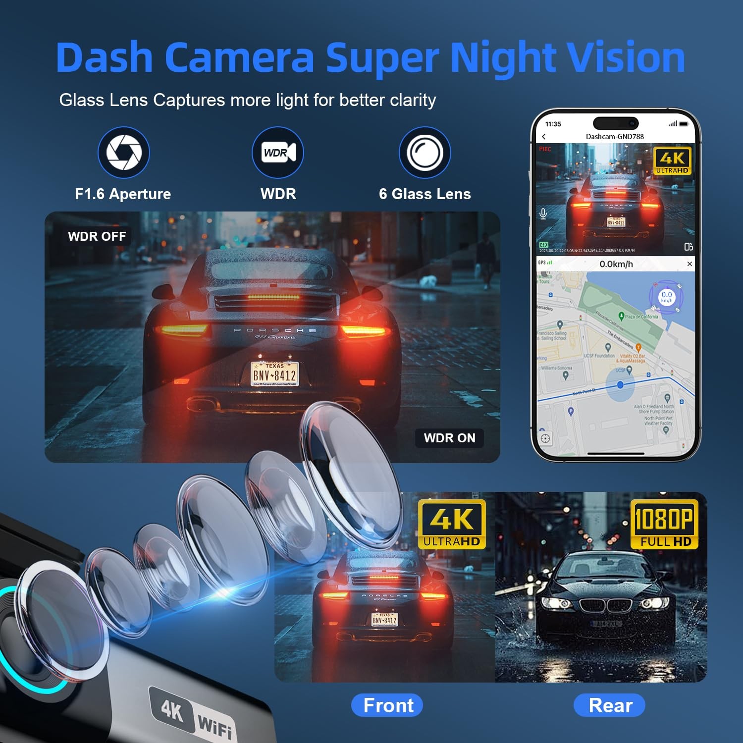 4K Dash Cam, Front and Rear Dual Dash Camera for Cars with 64GB Card, 5.8GHz …