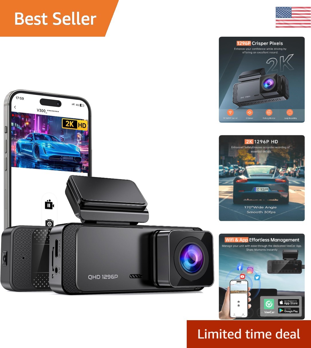 High-Definition 1296P Dash Cam with WiFi & Loop Recording for Ultimate Safety