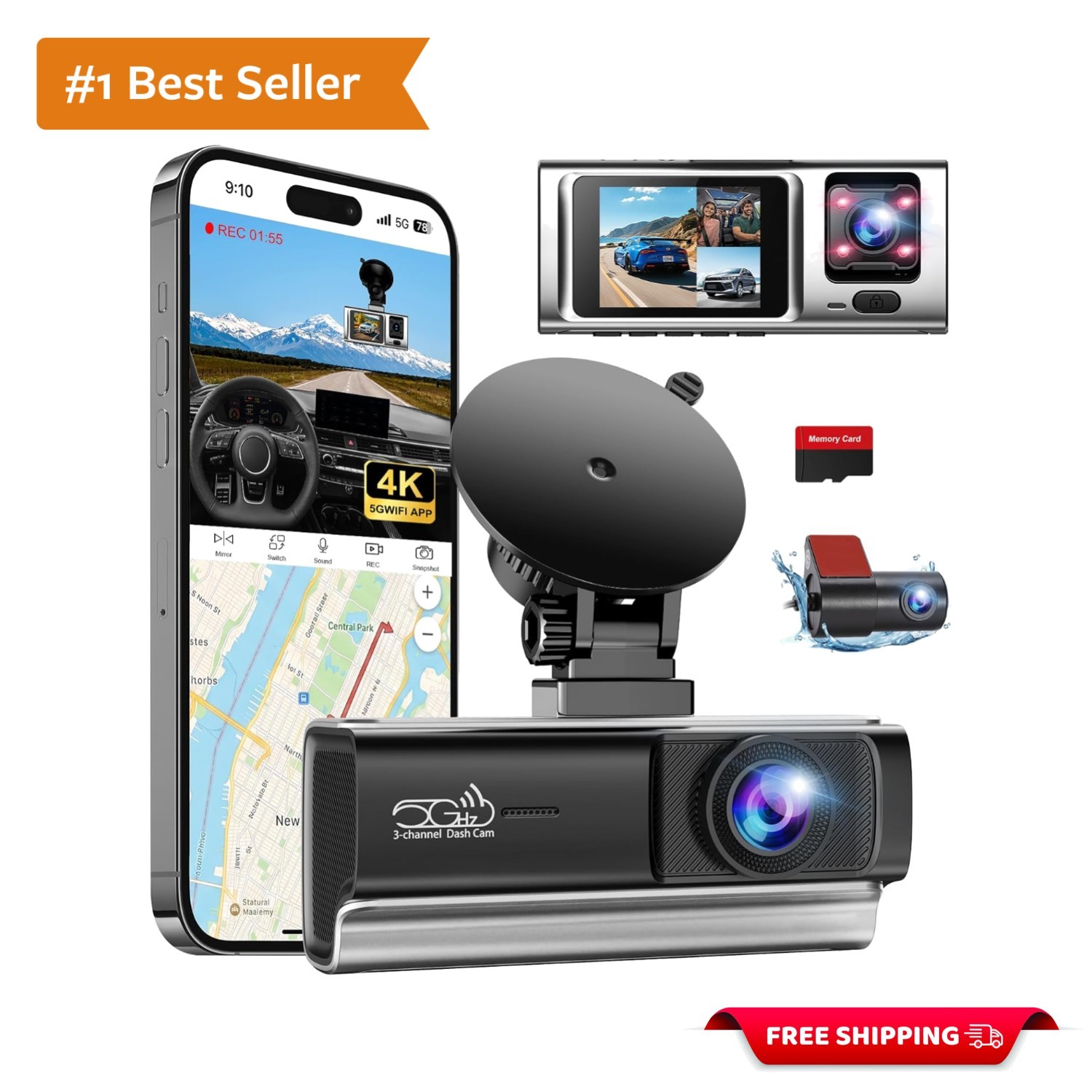 360° Full Coverage 3 Channel 4K Dash Cam with Night Vision & Loop Recording