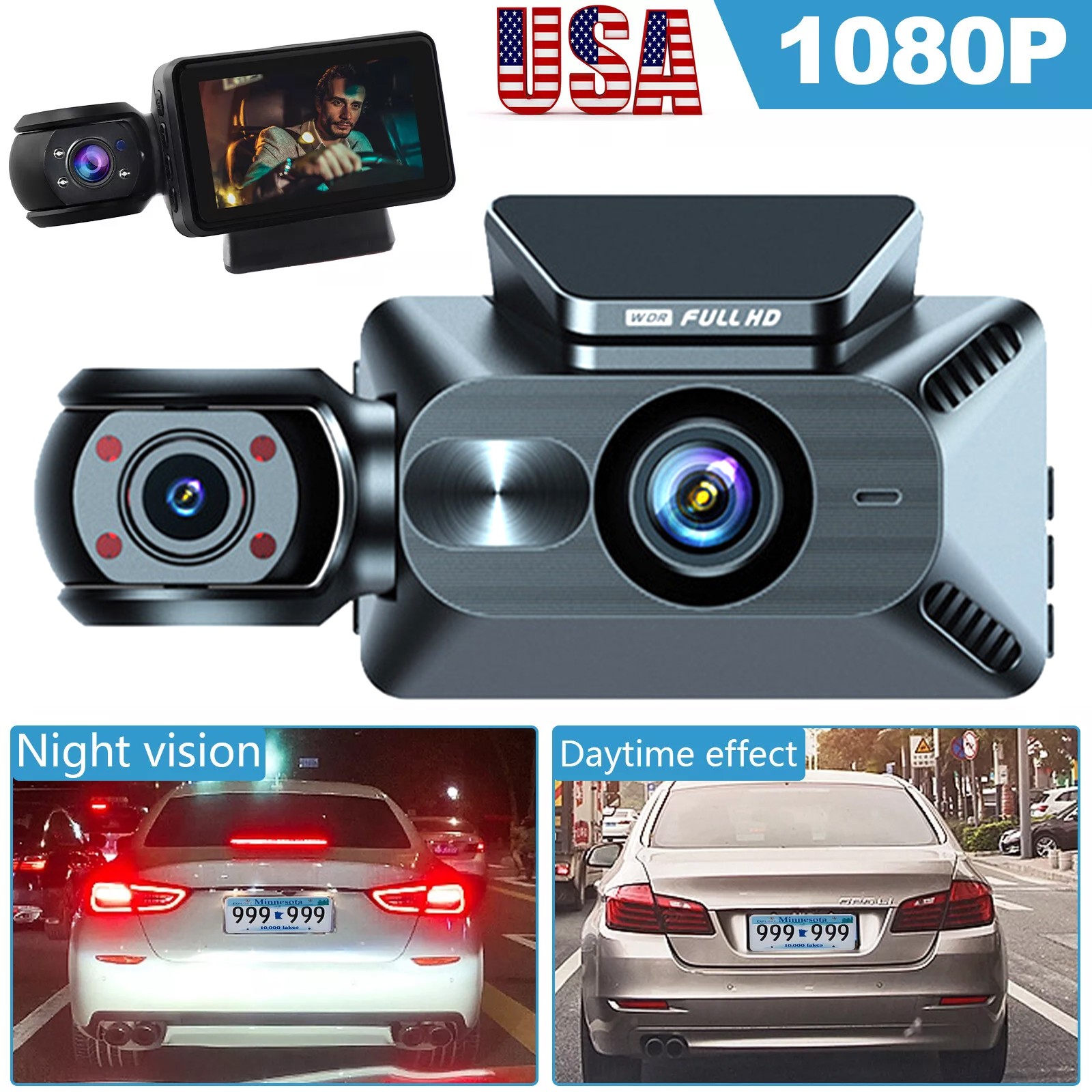 Dash Cam HD 1080p Car Dual Lens Front/Rear/Inside Video Recorder Camera G-sensor
