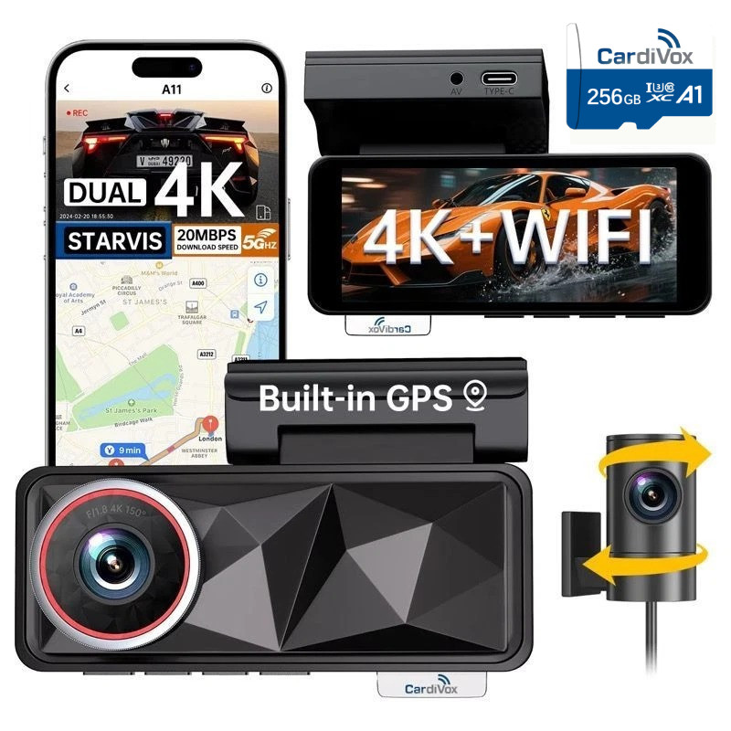 CardiVox A11 4K Dash Cam Front + 2K Rear Dash Cam, Sony STARVIS, WiFi GPS, 256GB