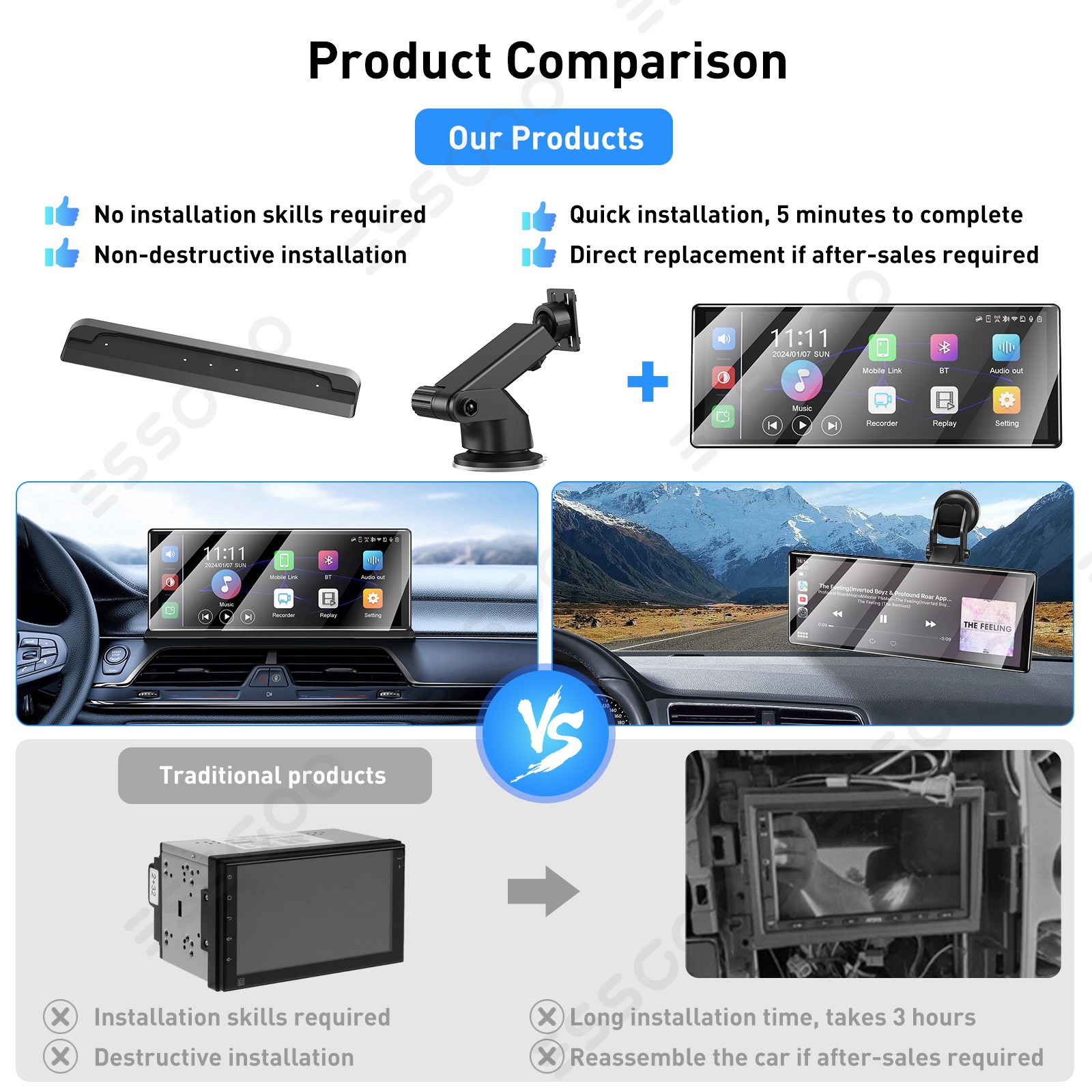 XGODY 4K 11.3Inch Car Stereo Wireless Apple Carplay/Android Auto Touch Screen FM