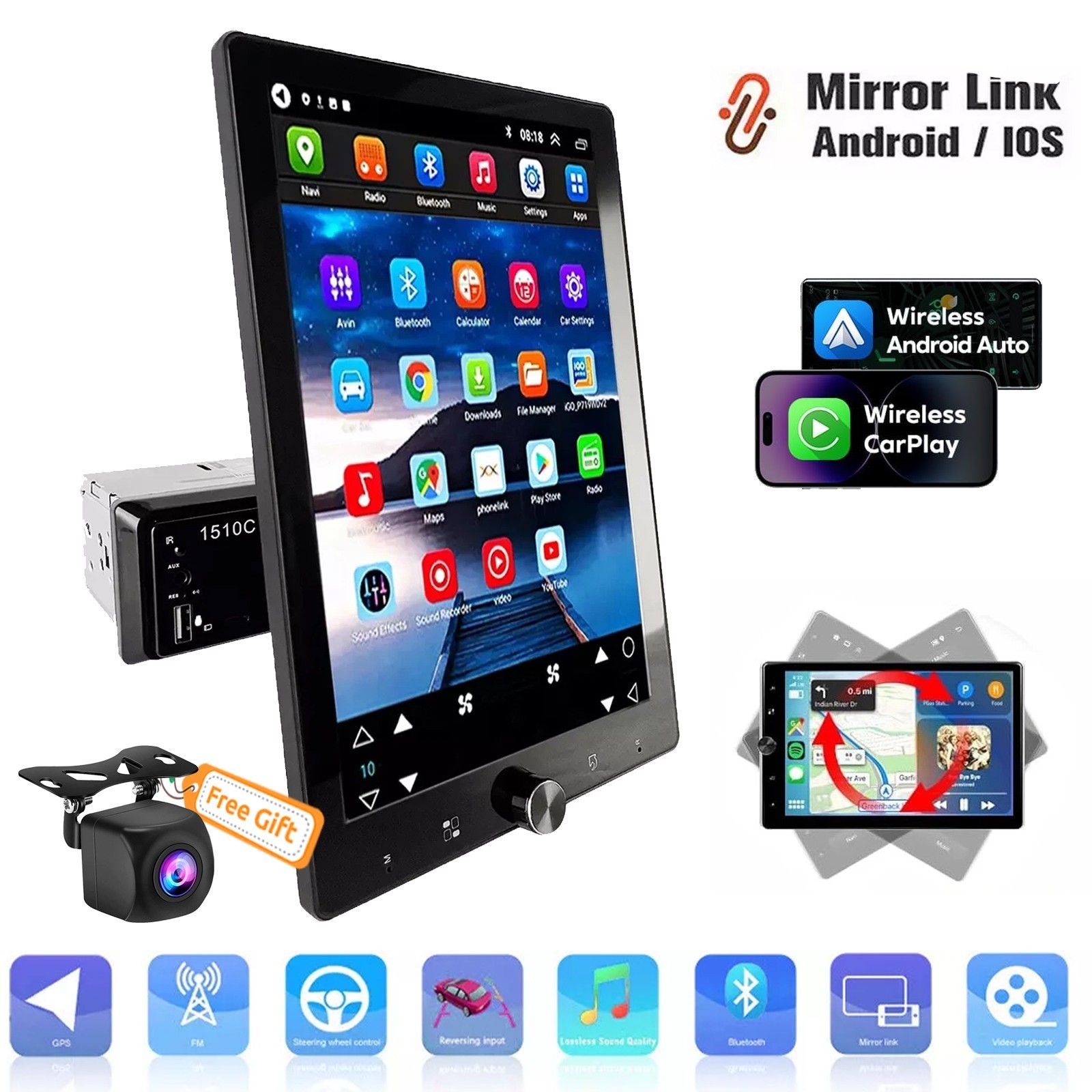 10.4″ Single 1 DIN Touch Screen Car Stereo Radio Apple Carplay Android Auto Cam