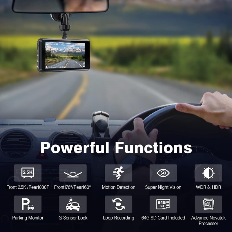 Camara De Seguridad Para Carro Auto 2 lenses Delantero/Trasero/Dash Cam 2.5K FHD