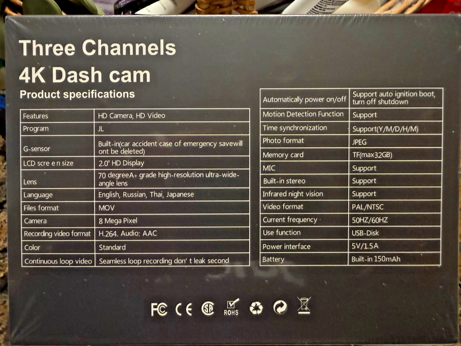 4K Full UHD 3 Channel Dash Cam HD Record Rotation G- Sensor New Sealed W J-Peg