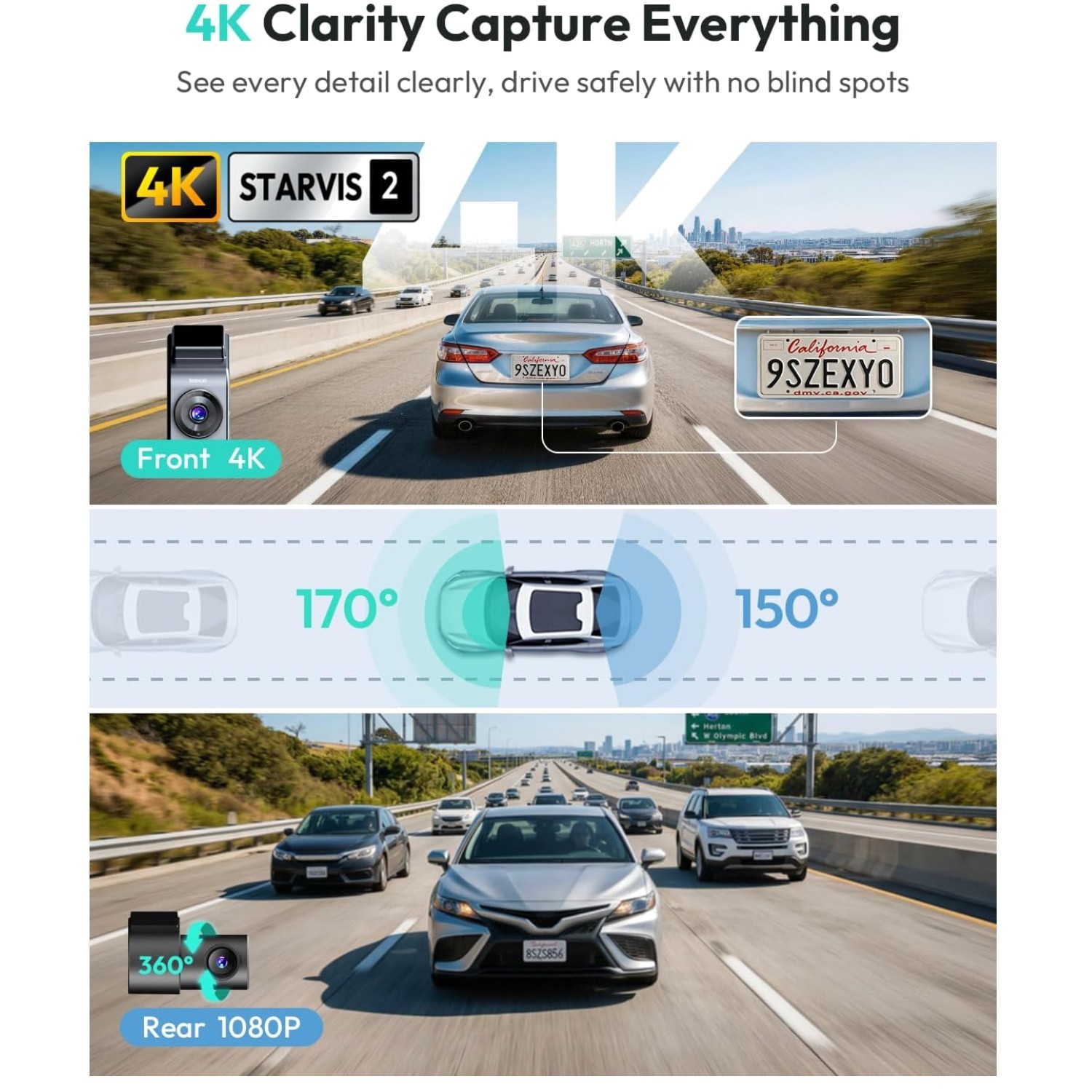 Front and Rear Dual Dash Cam | 4K+1080P, Voice Control