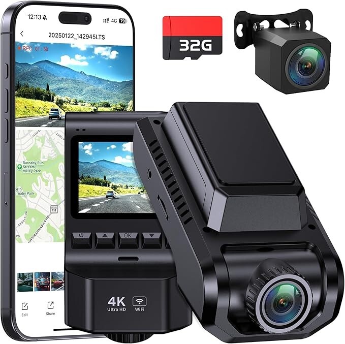 Dash Cam Front and Rear, 4K UHD Dash Camera for Cars 32 GB Card Included