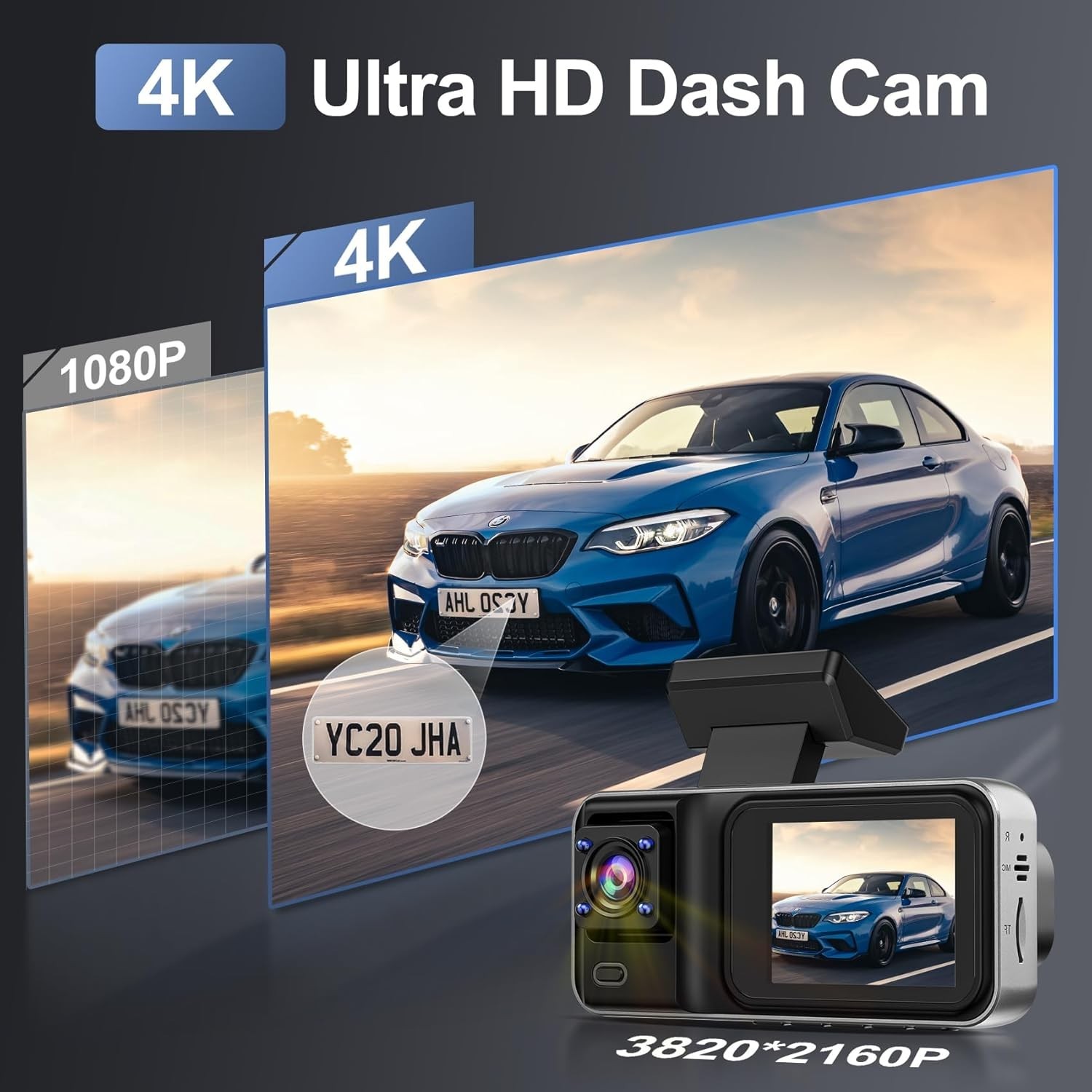 3-Channel 4K Dash Cam with Night Vision & 64GB Card – Full Protection for Cars