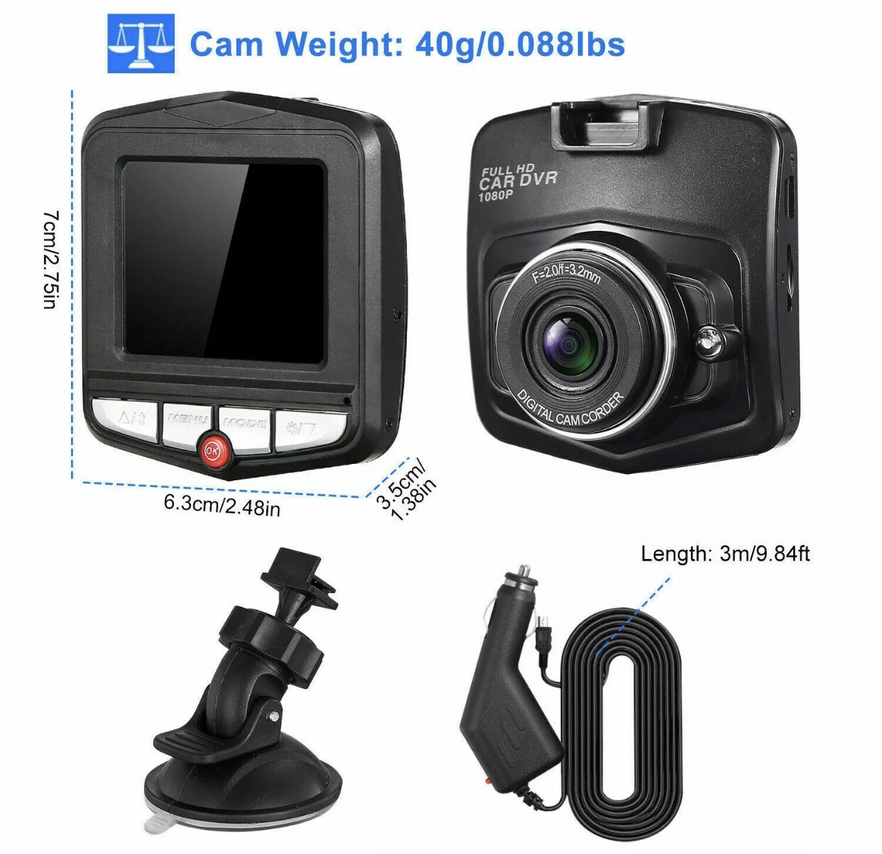 2.4” Full HD 1080P Dash Cam Car DVR Front or Rear Camera Night Vision G-sensor