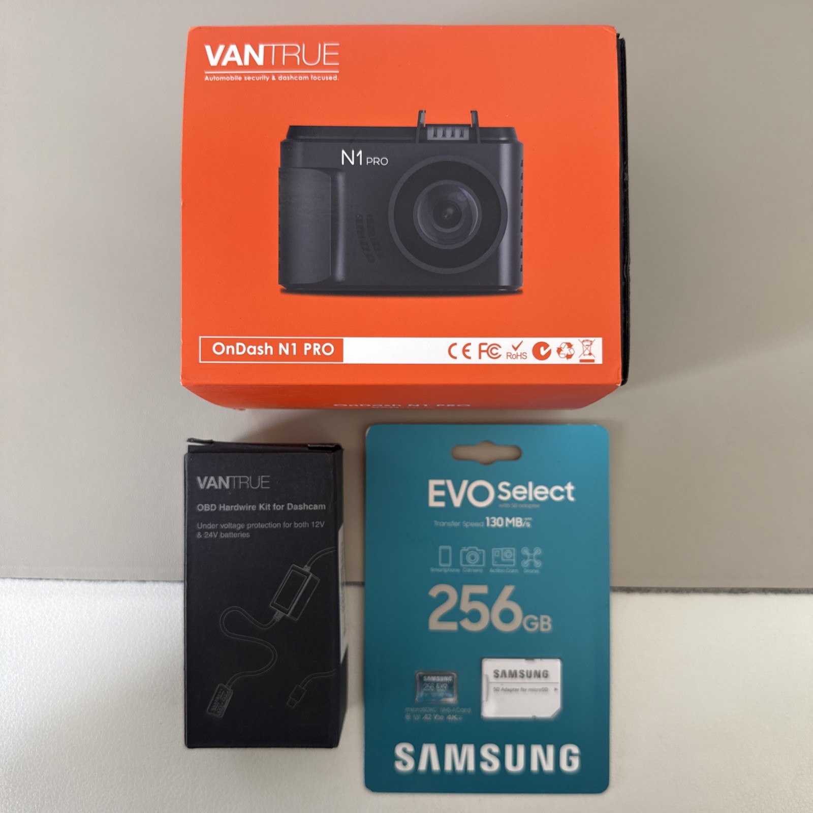 Vantrue OnDash N1 PRO Dash Camera + OBD Hardware Kit + 256GB microSD