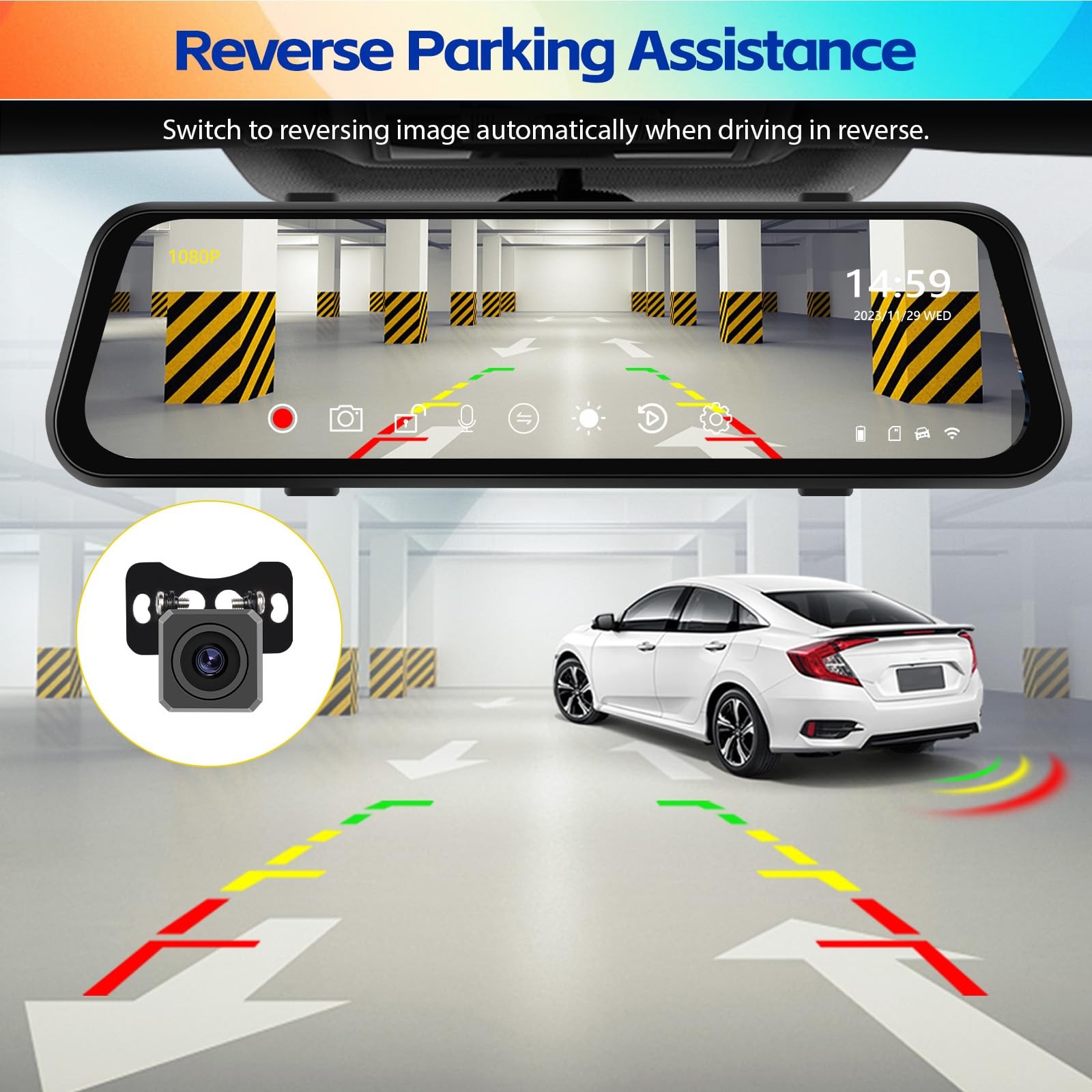 1080P Mirror Dash Cam 9.66 Inch 3 Channel Front Rear Inside View Mirror Camer…