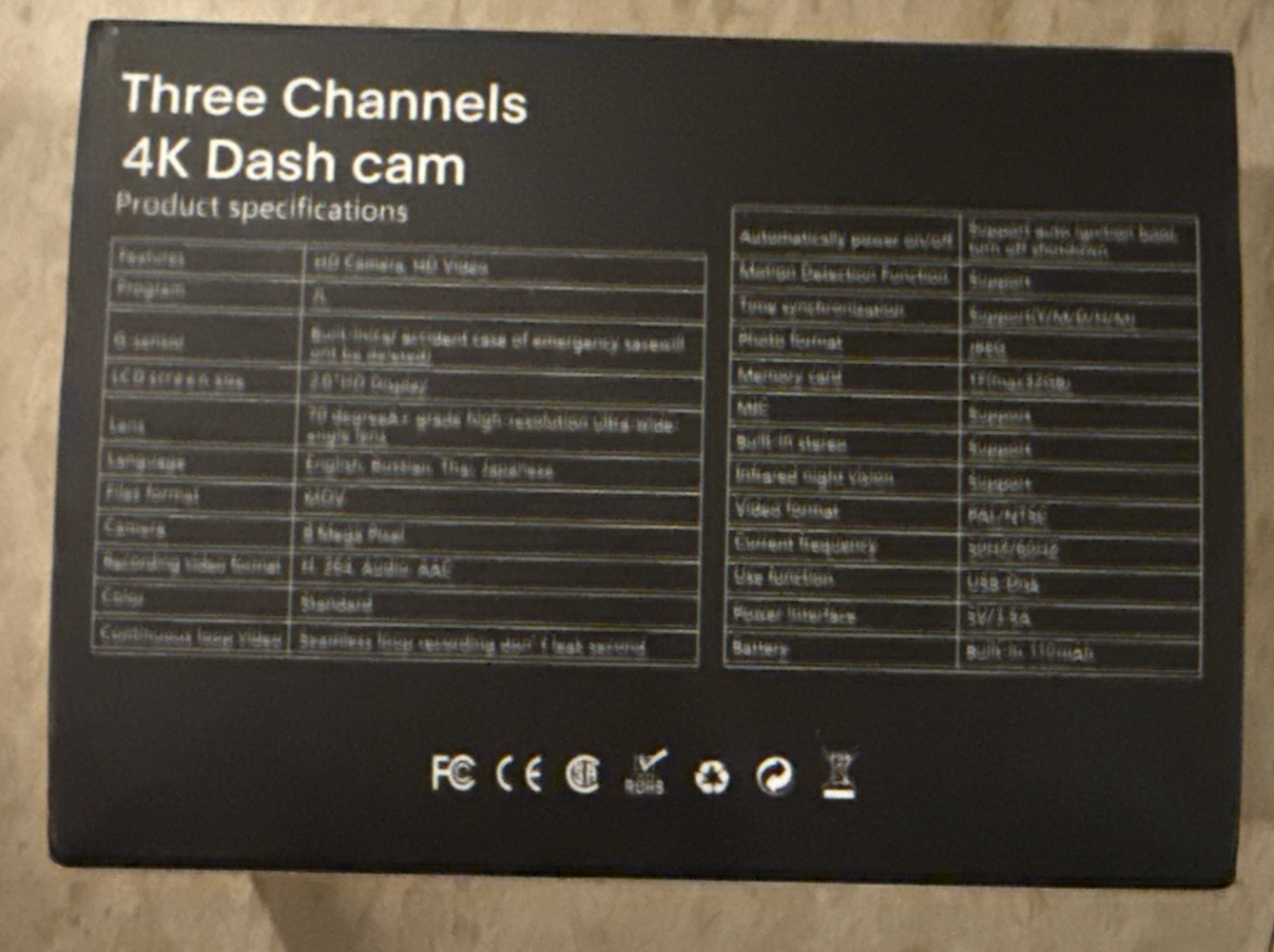 Three Channels 4K Dash Cam 8MP HD Camera Video 2.0″ Display TX1101A