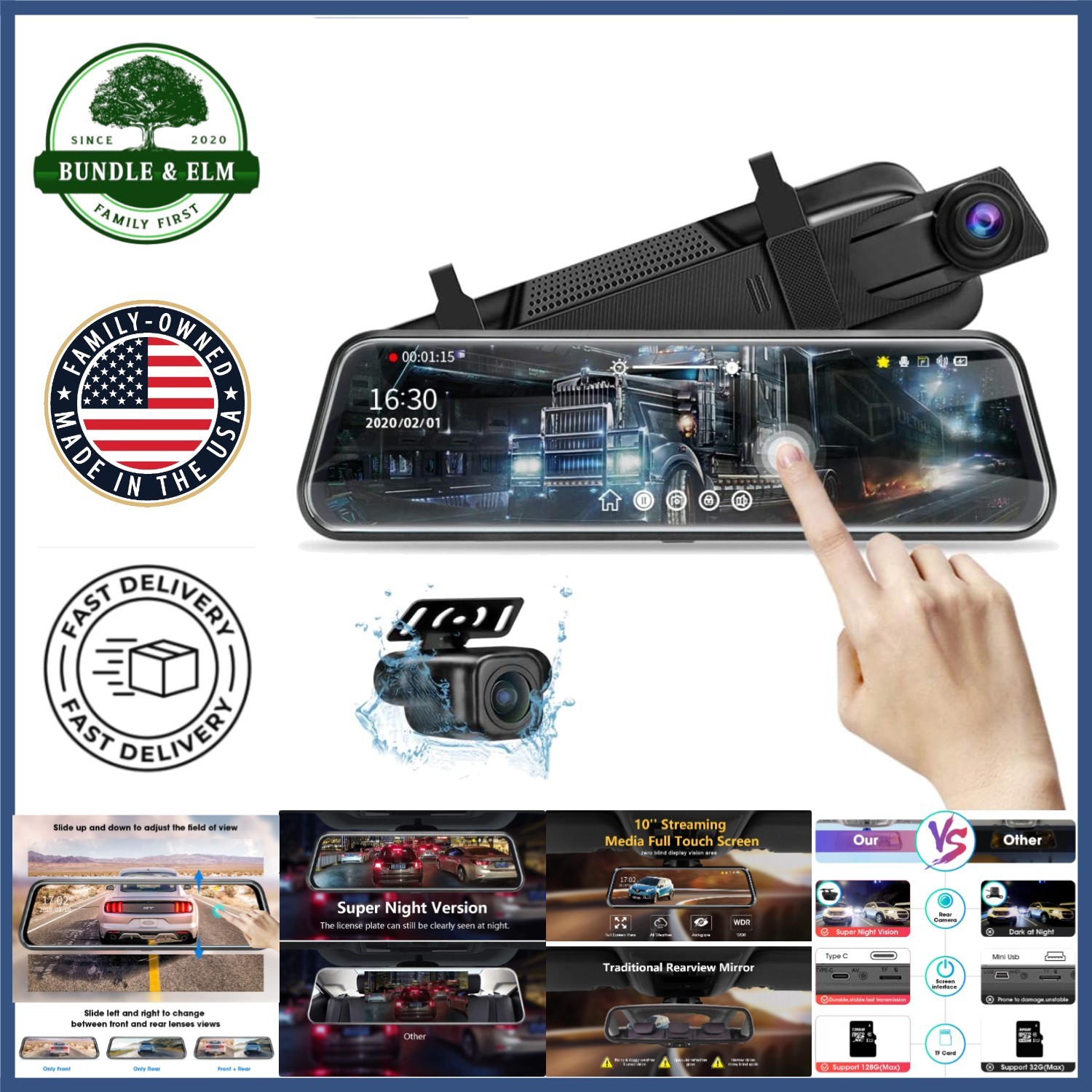 Full HD 1080P Rearview Mirror Camera with Crash Sensor and USB Connectivity
