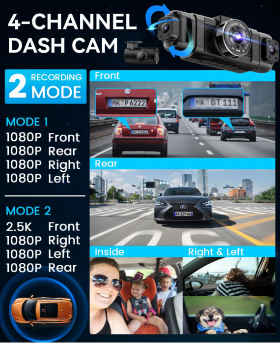 Cámara para coche de 4 canales con visión de 360°, grabación Full HD 1080P delan