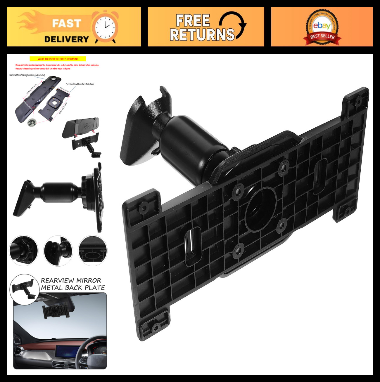 Dash Cam Mirror Mount Kit for 5.5″-12″ Rear View Cameras – Back Plate Panel