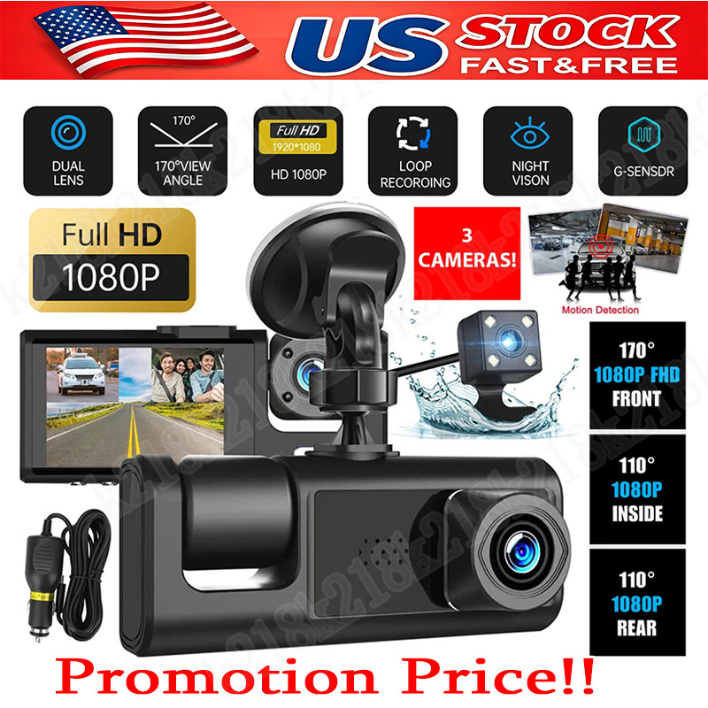 Car Dual Lens Dash Cam HD 1080P Front/Rear/Inside Video Recorder Camera G-Sensor