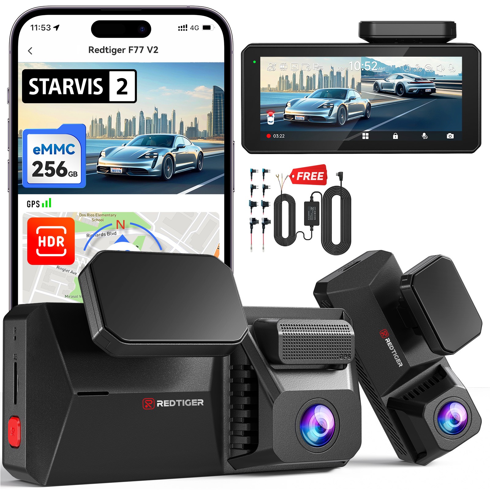 REDTIGER F77-V2 Dual Dash Cam 4K+4K with 256GB eMMC,STARVIS 2 IMX678,5.8GHz WiFi