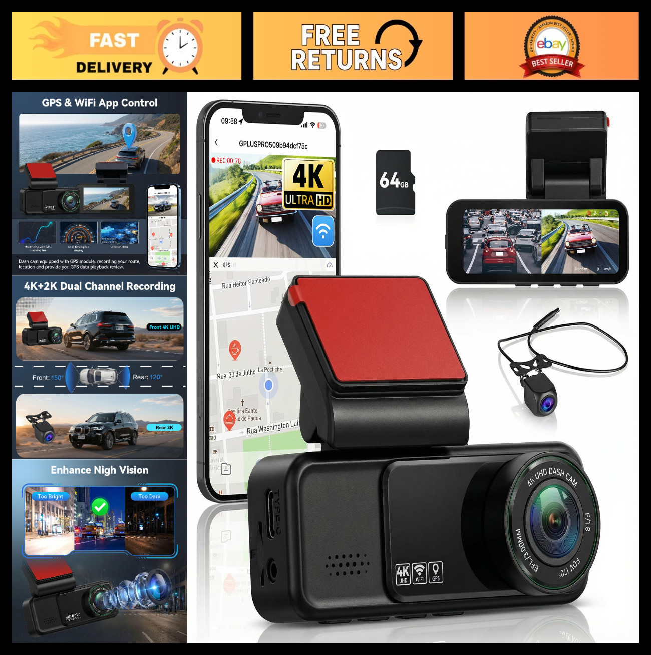4K Dual Dash Cam Front & Rear, GPS, WiFi, Night Vision, Loop Recording, G-Sensor