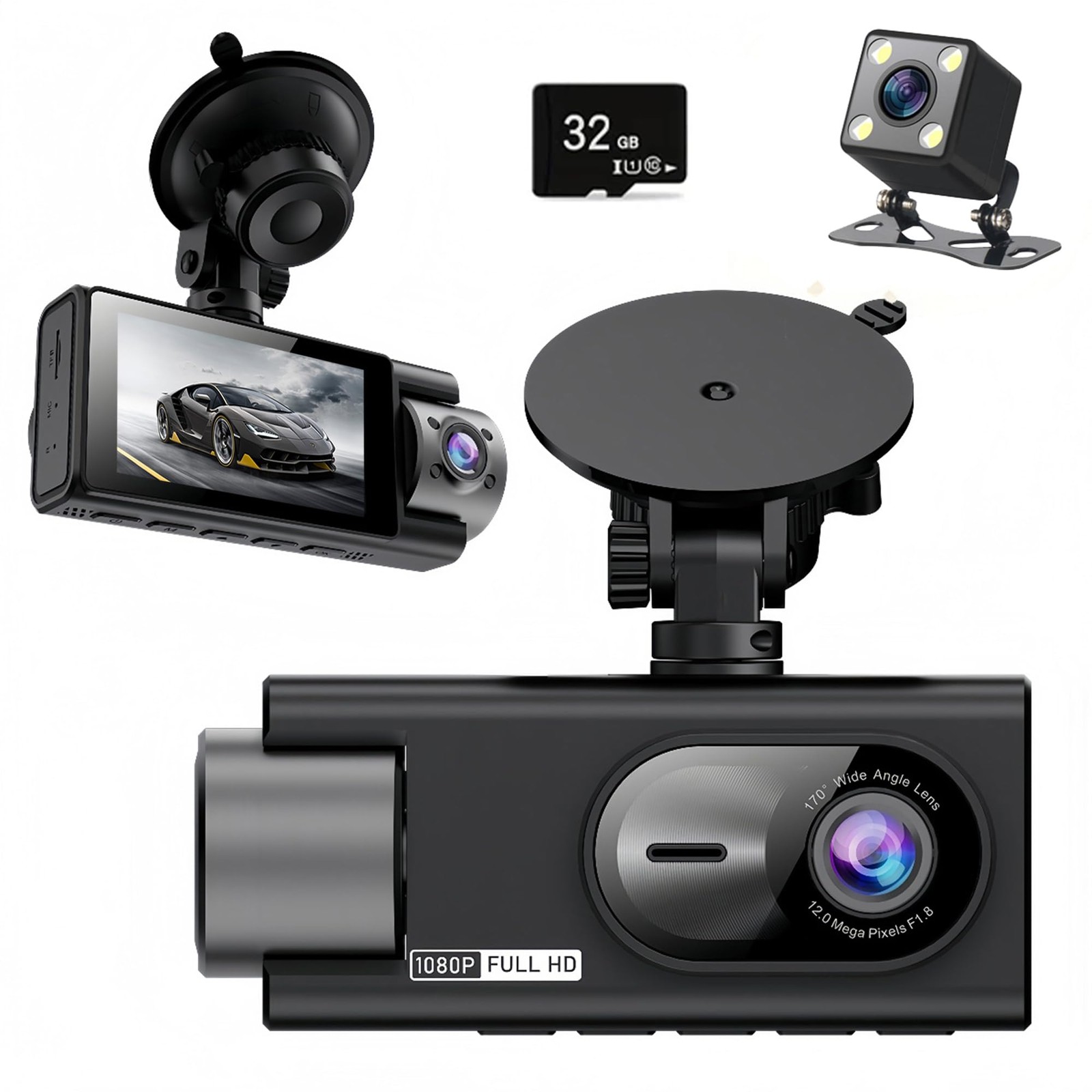 3 Channel 360 Dash Cam Front and Rear and Inside with 32G Card,1080P Dash Cam…