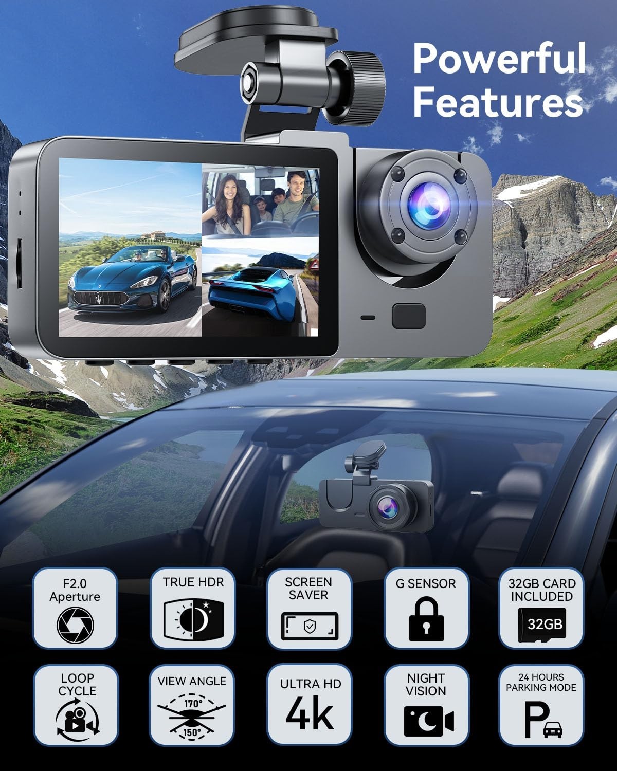 4K Front & Rear Dash Cam, 3 Channel Car Camera, Night Vision, 170° Wide Angle, G
