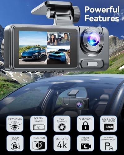 3-Channel 4K Dash Cam for Cars, WiFi, 32GB Card, Night Vision, G-Sensor, Loop Re