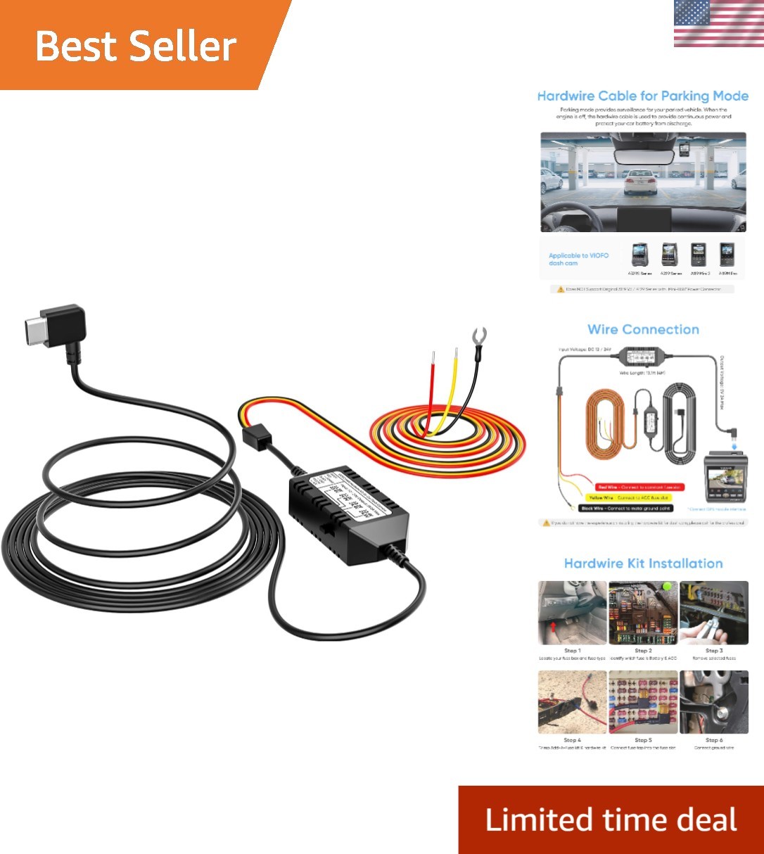 HK4 Dash Cam Hardwire Kit – 24HR Surveillance Power, Low Voltage Safety Features