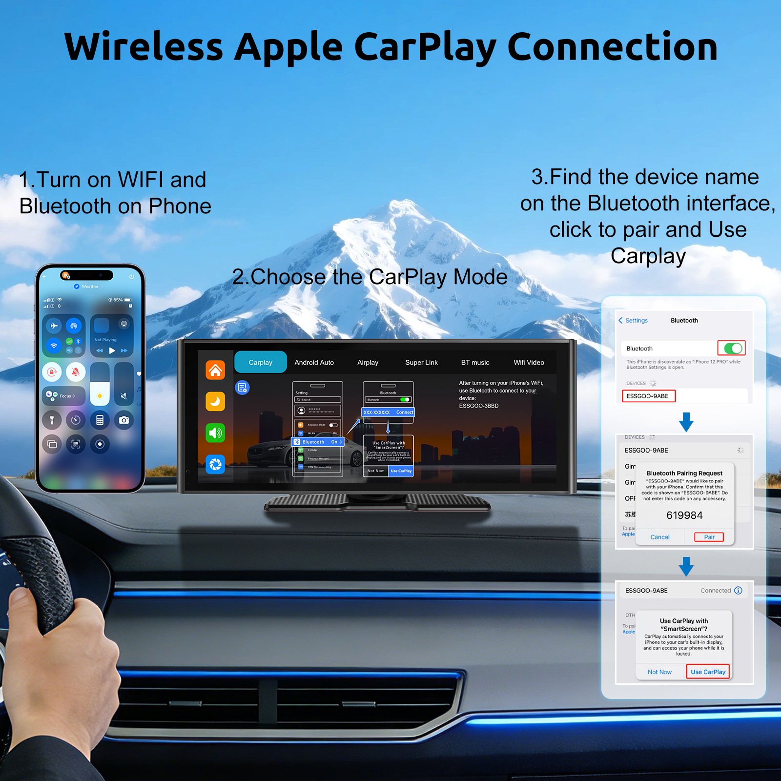 Wireless Carplay Screen for Car 10″ Portable Car Touch Screen for Apple Carplay