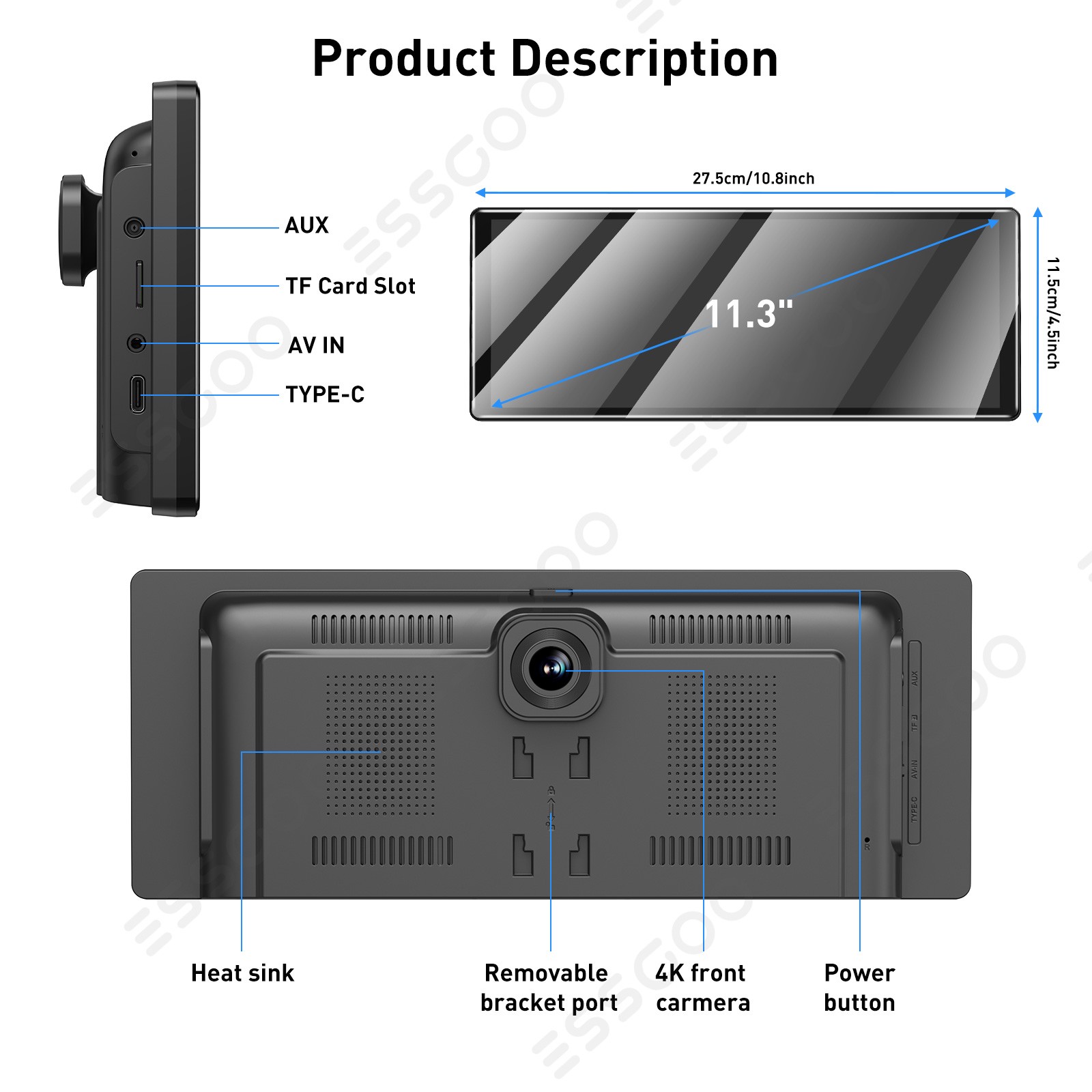 11.3″ 4K Dash Cam Touch Screen Car Stereo Portable Apple Carplay Android Auto