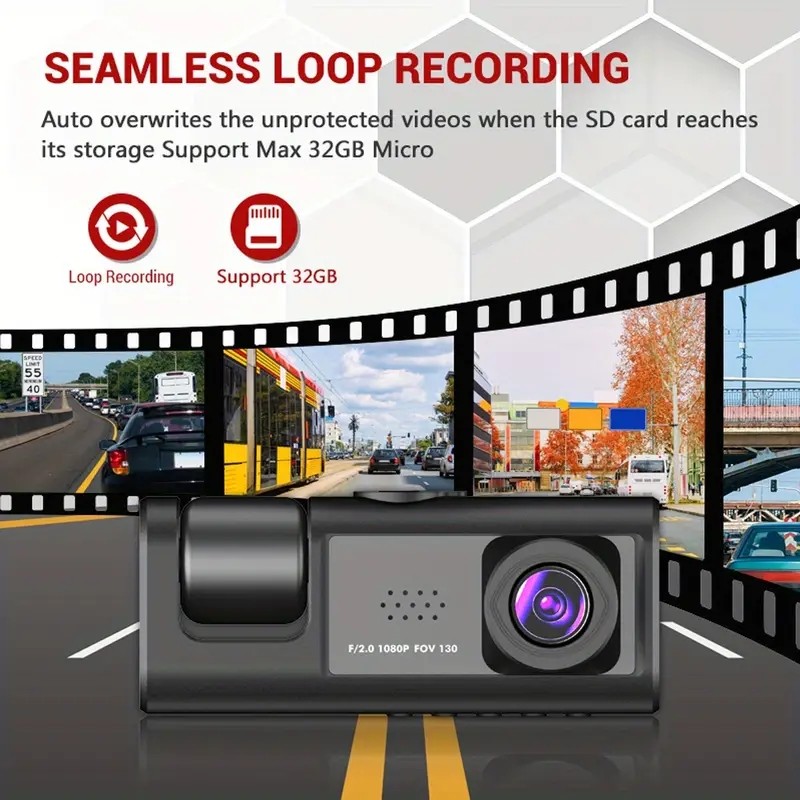 3‑Channel Dash Cam 1080P Front Cabin Rear Car DVR Video Recorder Parking Monitor