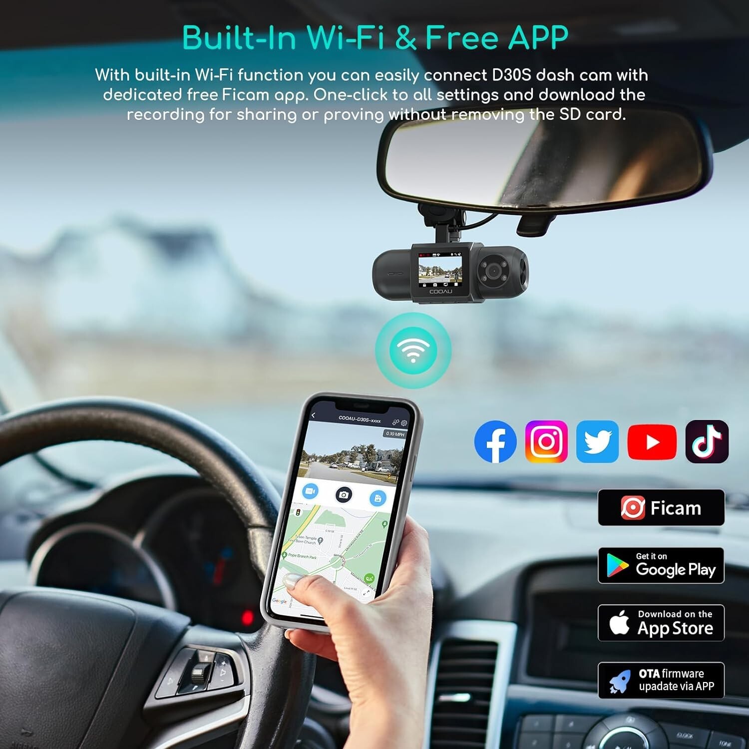 COOAU 4K Dash Camera Front and Rear Dash Cam Built-In WiFi & GPS Parking Mode
