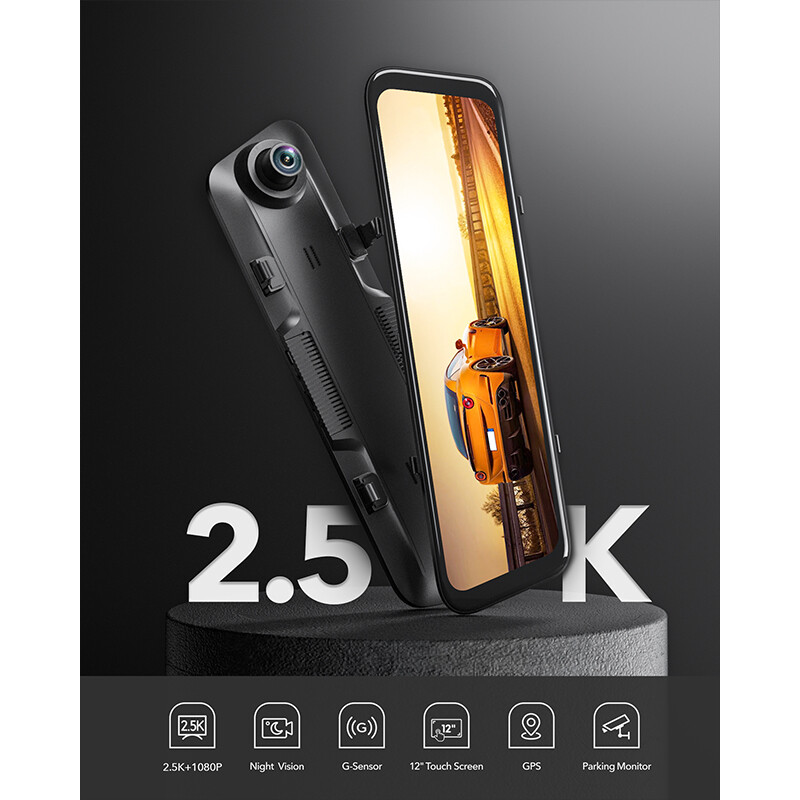 WOLFBOX 12” Mirror Dash Cam with WiFi, Hardwire Kit, Polarizing Lens & SD Card