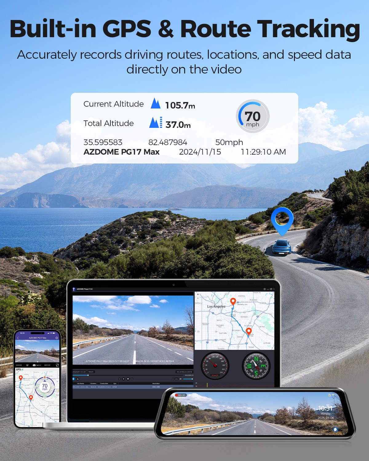 AZDOME 12″ 2CH 4K+2.5K Rearview Mirror Dash Cam 5GWiFi GPS Parkmode&Hardwire Kit