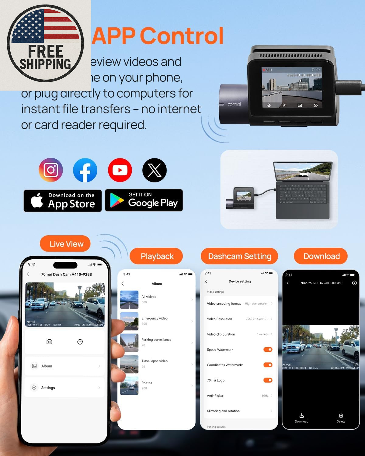 70Mai Dash Cam Front and Rear 2.5K+1080P HDR 64GB Card Included (A410)