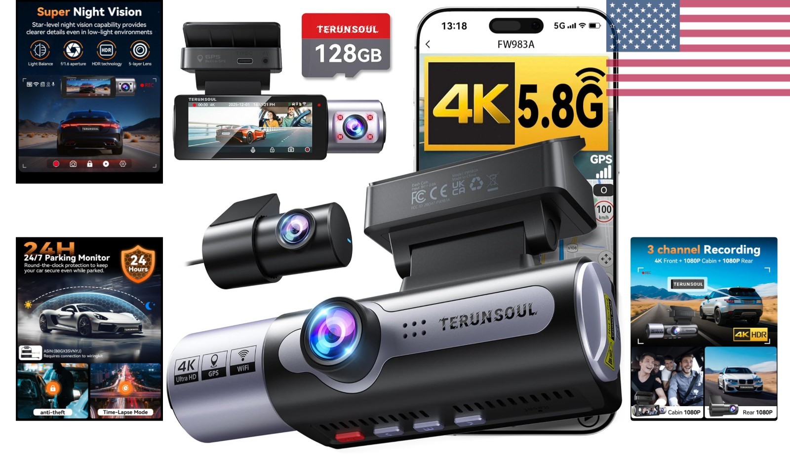 Starlight Night Vision Dash Cam, 4K Front + Rear with Integrated GPS Tracking