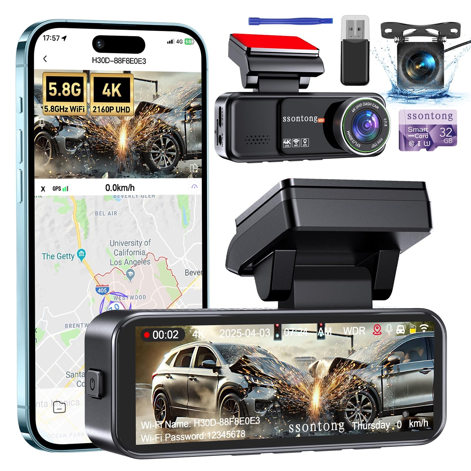 4K Dash Cam Front Rear WiFi GPS Night Vision 3.2″ Screen 32GB Card